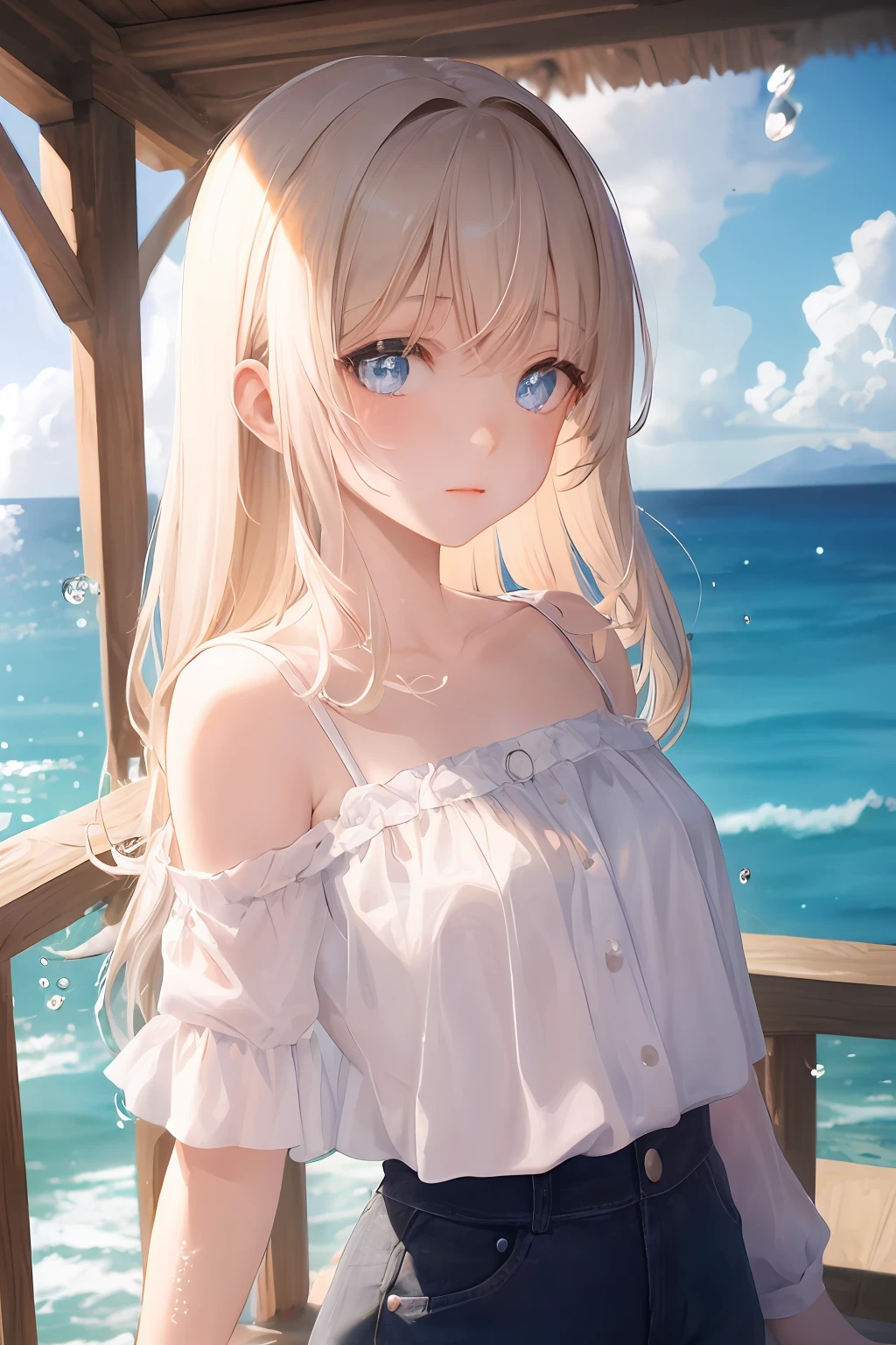 art by Cornflower, dready（A petite girl，Has a beautiful pair of delicate eyes。The depth of field in the photo was perfect，Lens flare adds a nice touch。The delicate details on her face really stand out，score because this photo is definitely greater than 10。In the background，There is a beautiful ocean，The sea is crystal clear，There are water droplets on the surface，A sense of flow