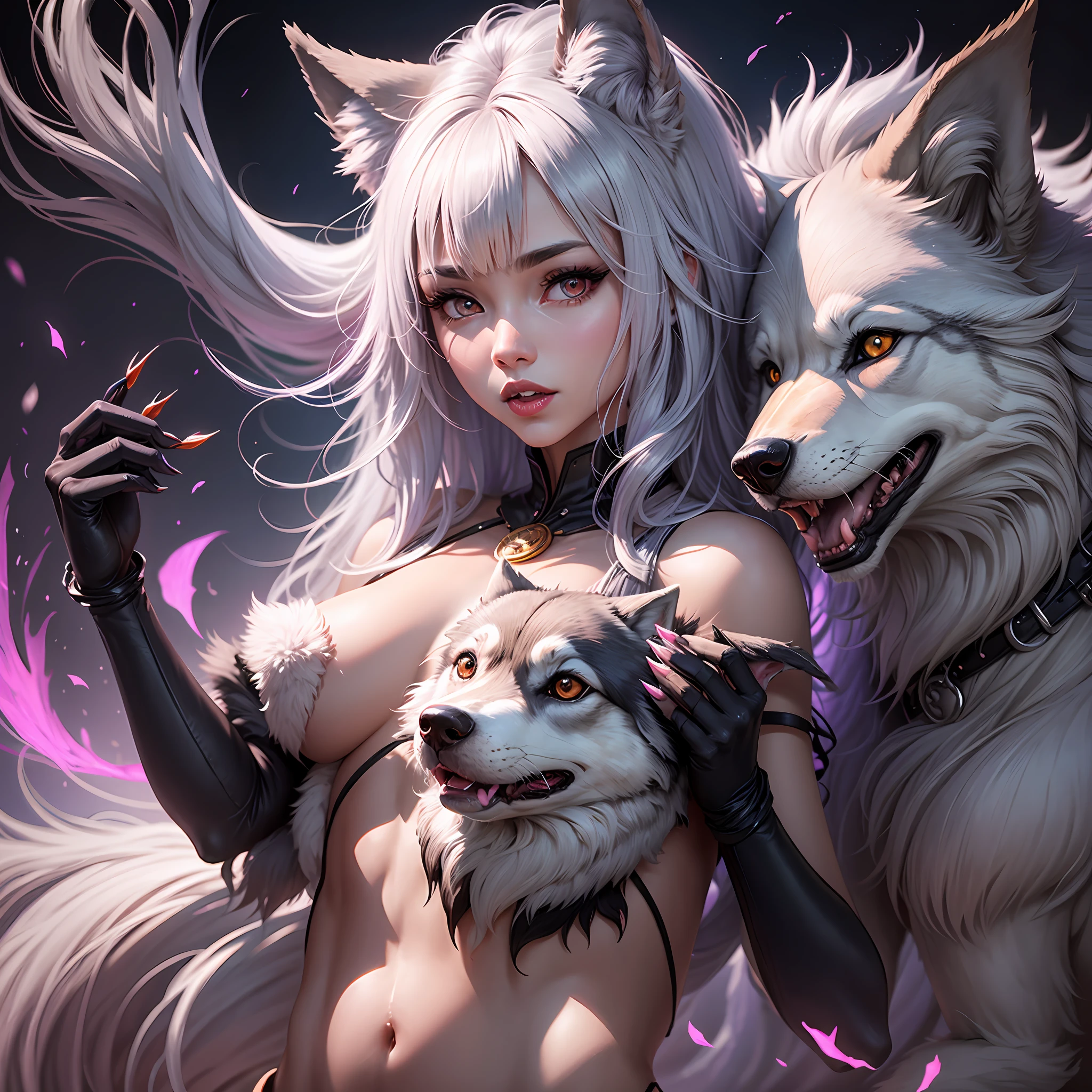 female body wolf, purple fur, long silver claws, arms outstretched, howl humain face, black skin, pink eyes, pink lips, prominent silver canine --auto --s2