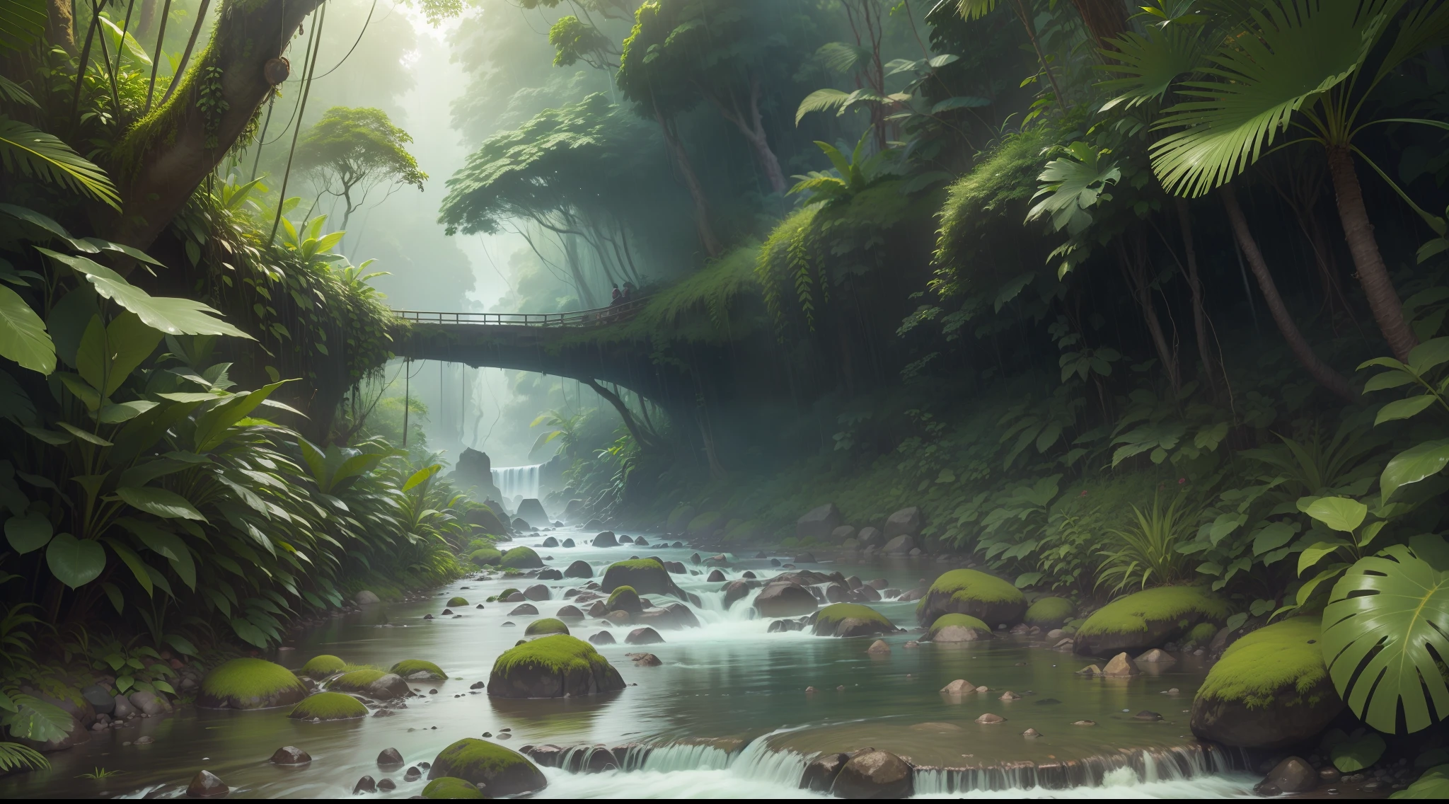 Streams flowing through lush green forests, lush rainforests, lush surroundings, humid and dense jungle landscapes, Alafid landscapes of lush rainforests. Background: jungle river, python, snake river in jungle, river in forest, rainforest, beautiful jungle landscape, beautiful jungle, forest and river, lush forest, river flowing through Borneo jungle, gentle sparkling forest stream