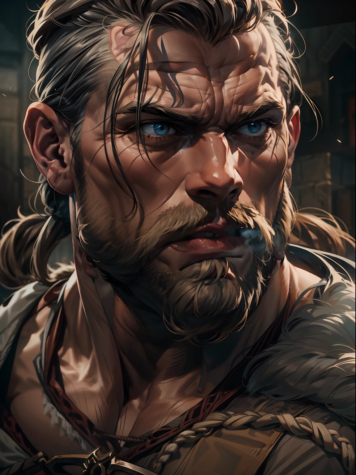 d&desenho d, A muscular and barbaric Viking man with a scar on his mouth, expression serious, intensidade de close-up, master part, best quality, ultra-detalhado, beautiful cinematic lighting, detalhes intrincados, Olhando para o Viewer, Profundidade de campo-AR 2:3-s 200