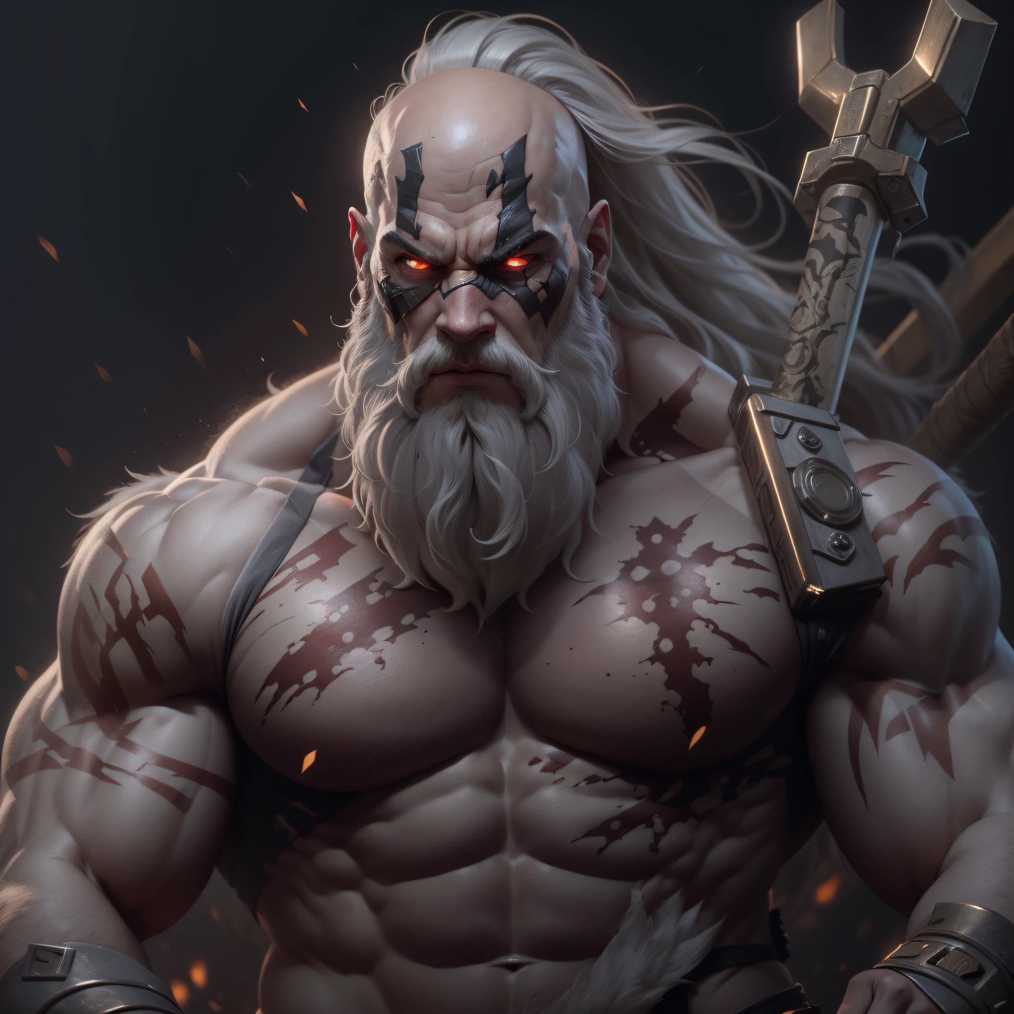 (highly detailed: 1.2), (best quality canon EOS R6: 1.2), (8k: 1.0), (dynamic posture: 1.2), masterpiece, best quality, 1cyclops, wearing mythological costume, very muscular, athletic, huge, gray hair, bald, scars, warrior, barbarian, sfw, mythological dystopia, mythological background.