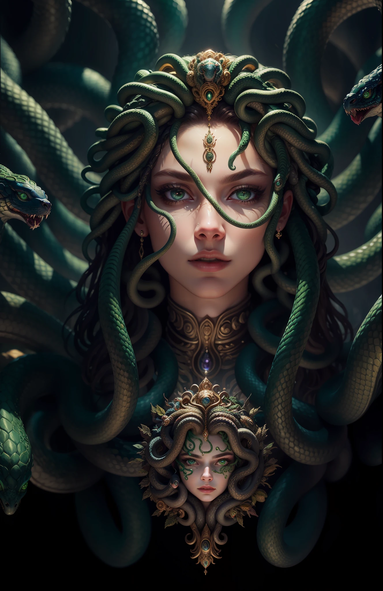 ((best quality)), ((masterpiece)), ((realistic)), Medusa, full body, the hair is composed of countless small snakes, green eyes, female face, metal carved top, royal aura, trend on artstation , sharp focus, studio photo, intricate detail, very detailed, detailed eye, illustration, very detailed, sharp focus, digital render, professional, 4k