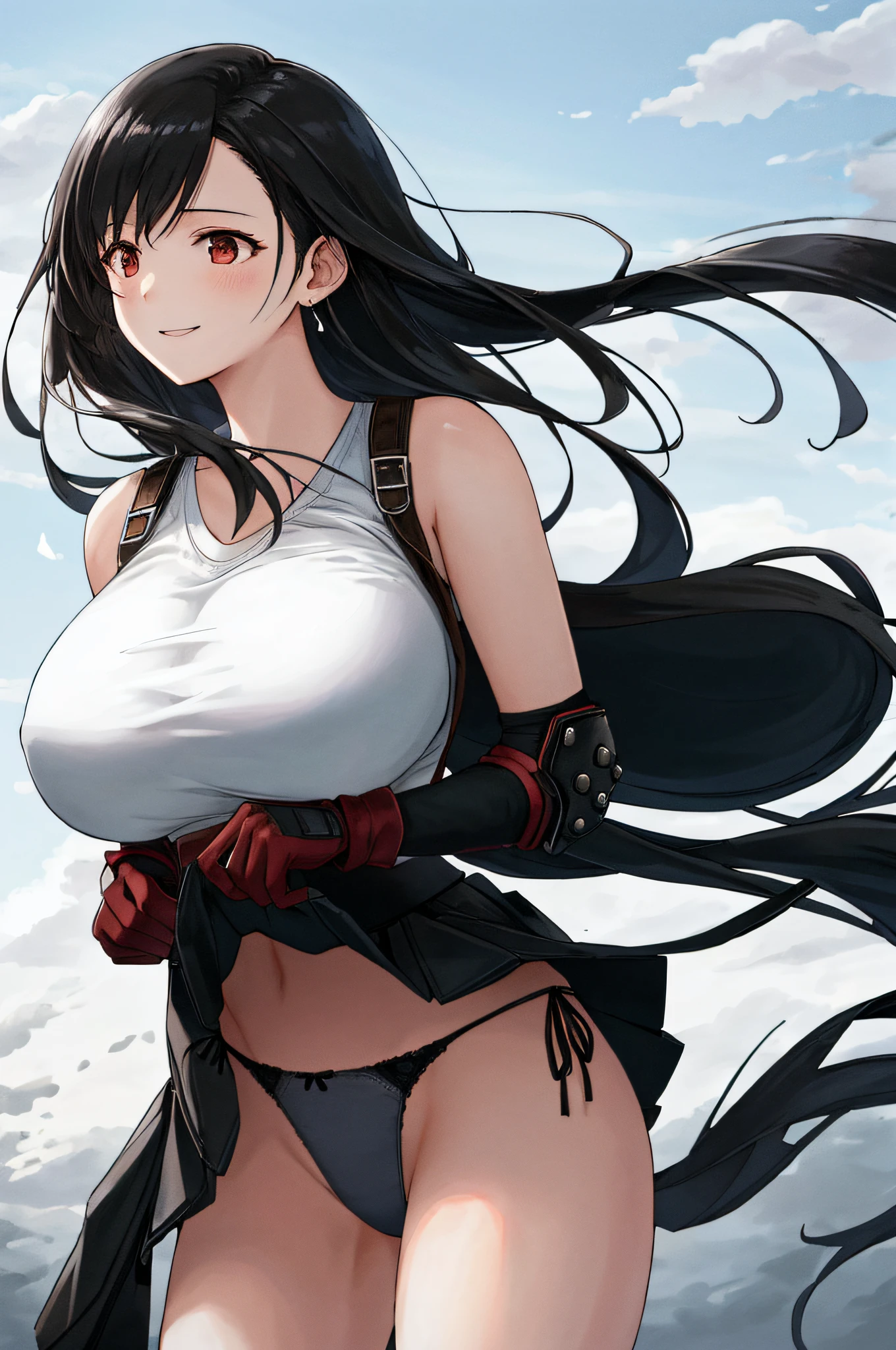 master masterpiece, best-quality, high-definition,Tifa FF7、1girle、solo、Watch your audience、captivating smile、White tank top、Black skirt、Suspender skirt、Midriff、Black thighs、Red gloves、zettairyouiki、Standing,shiny oily skin with high contrast,huge long chest, Big breasts emphasis、Naughty thighs、H Cup、solo、Burst breasts、(wind blow、wind lift、Skirt lifted by the wind、Skirt rolled up by the wind、Skirt flutters:1.5)、(Fully exposed panties:1.5)、white ribbed panties:1.5、
