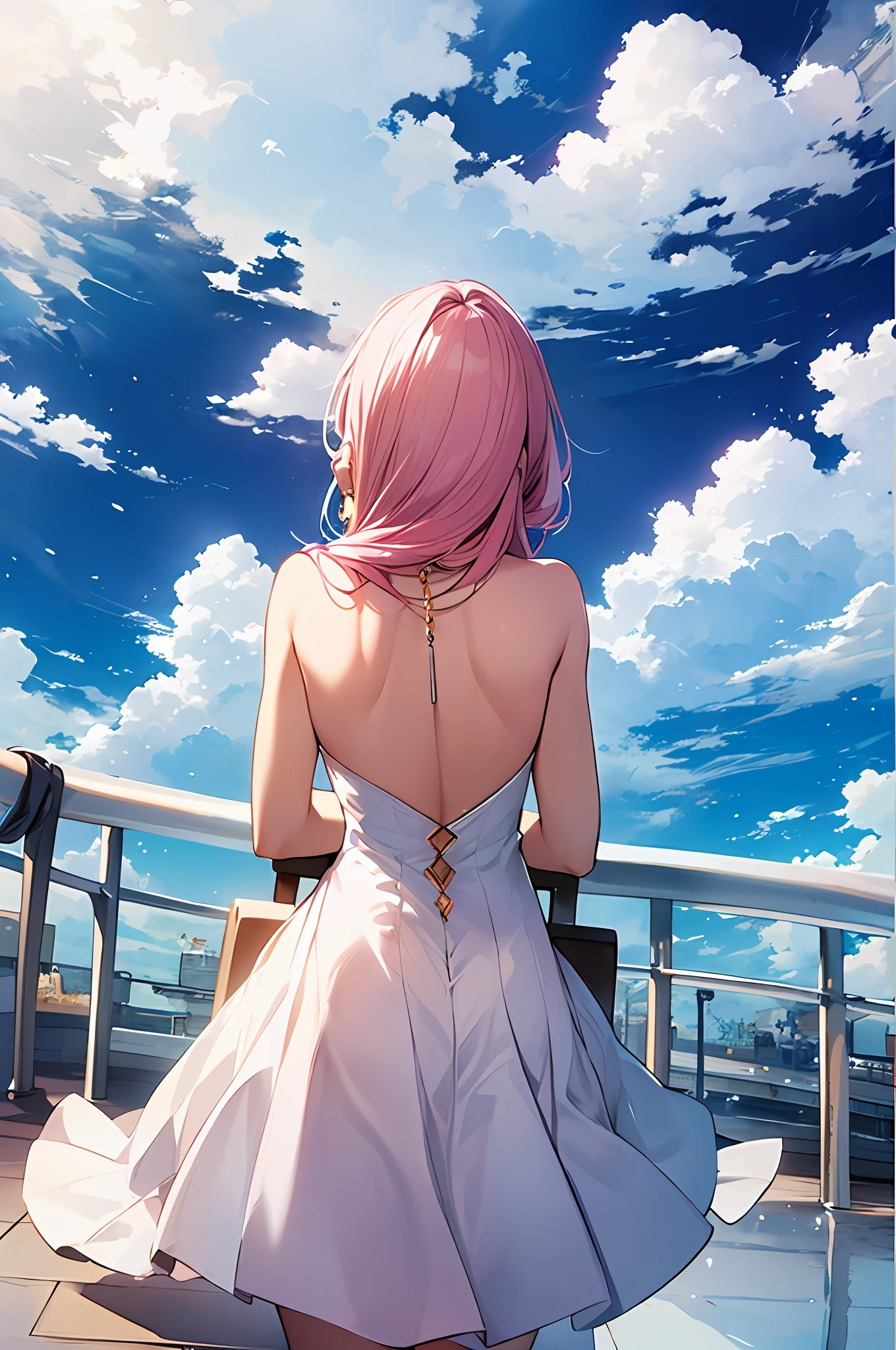 (Masterpiece, Best Quality, Best Quality, Watercolor (Medium), Official Art, Beautiful and Aesthetic: 1.2), (1 Girl: 1.3), (Fractal Art: 1.3), Full Body, (Chair), ((Back View)), Pattern, (Irridescent Hair, Colorful Hair, Half Blue and Half Pink Hair: 1.2), Blue Sky, Clouds, Colorful, Smile, Glasses, Close Up, Heterochromia, (Colorful: 1.5), (Shy Face), (Rainbow)), (( Clothes with wide open back)), {{back}}