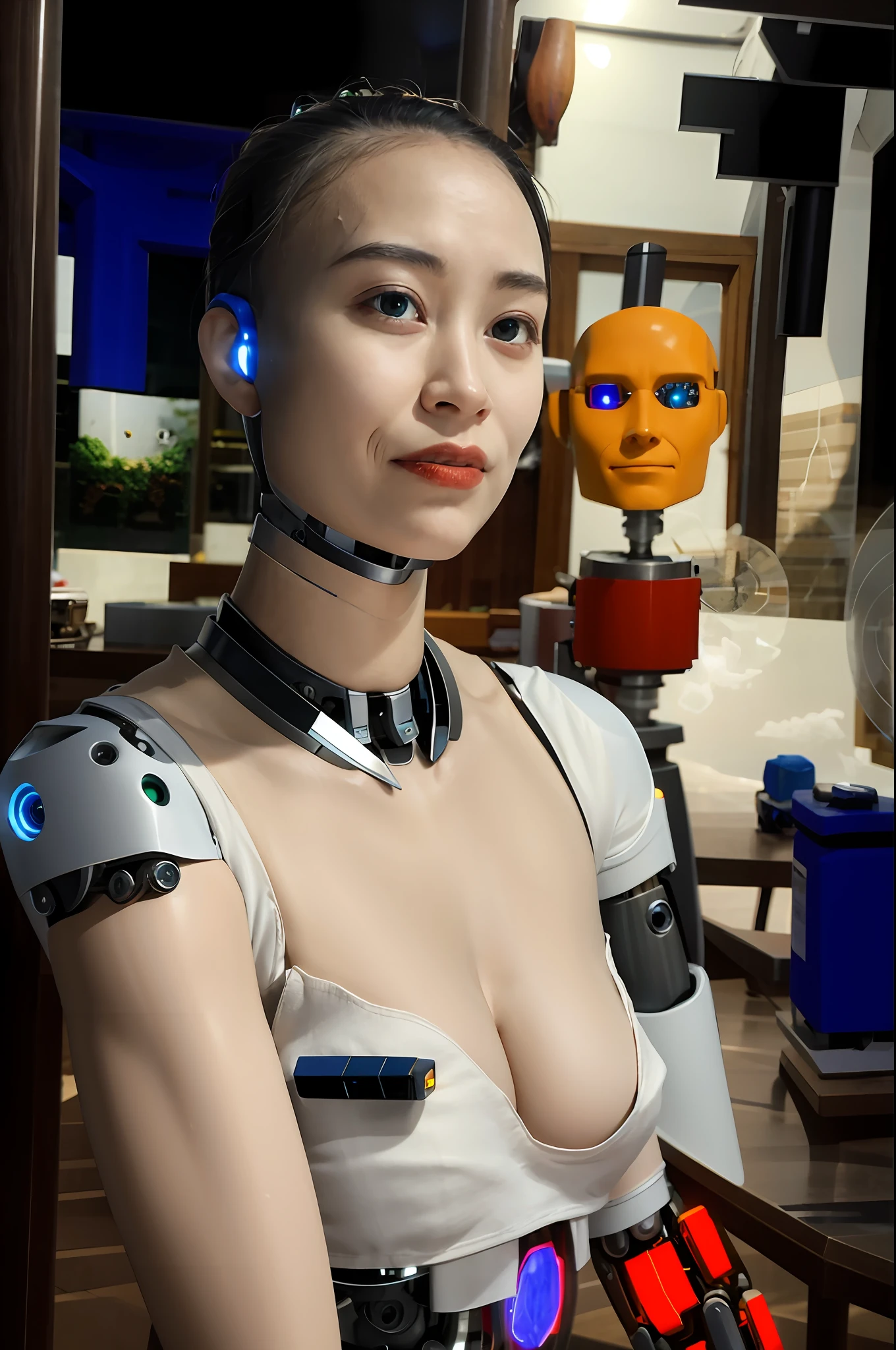 1girl, short hair, bob hair, silver hair, a beautiful porcelain profile woman android face, (((cyborg:1.4))), robotic parts, 150 mm, beautiful studio soft light, rim light, vibrant details, lace, anatomical, facial muscles, cable electric wires, microchip, elegant, beautiful background, octane render, H. R. Giger style, incredibly absurdres, robot, silver halmet, luxurious cyberpunk,
detailed background, sfw:1.8, Sunshine,