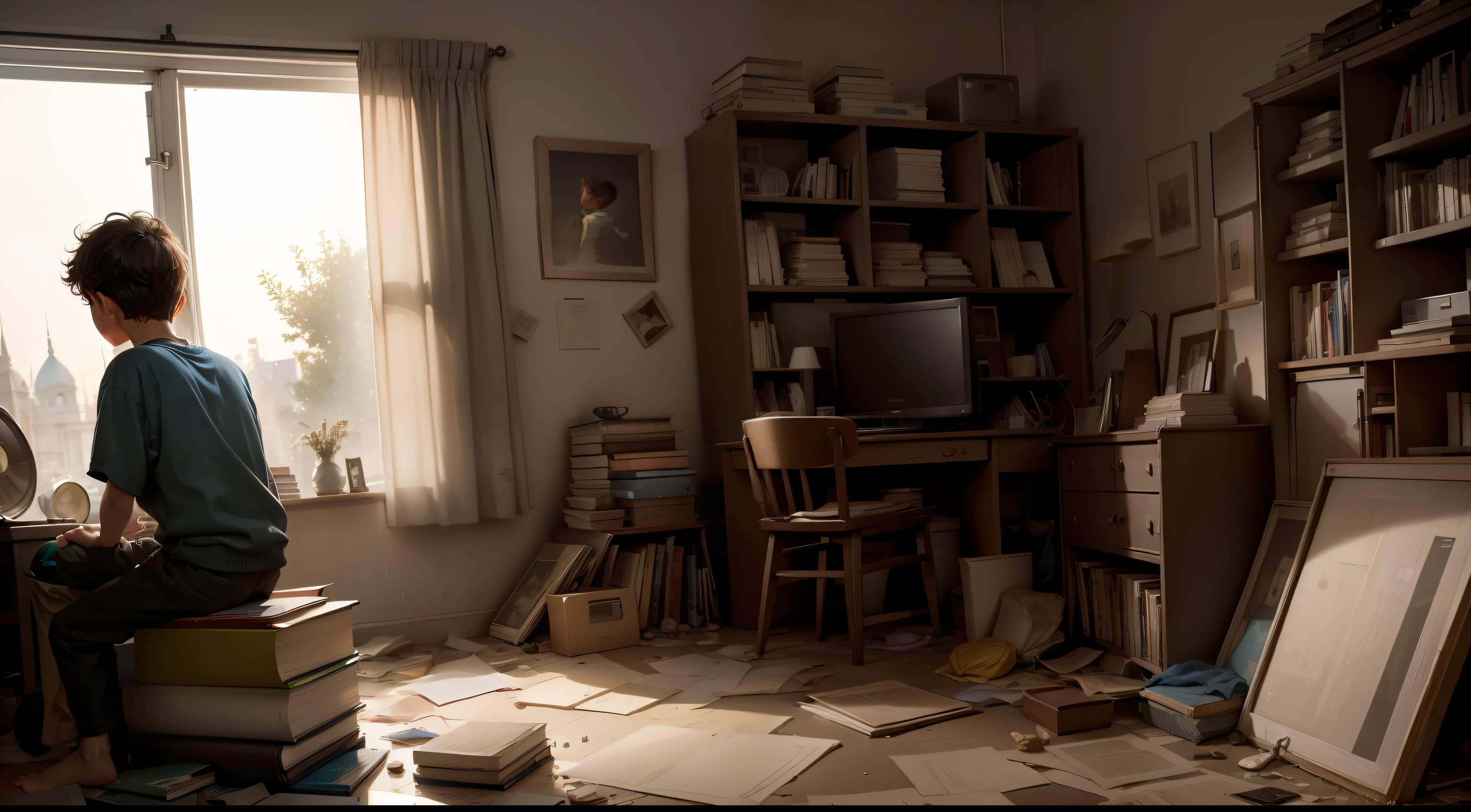 a boy in a messy tv room books scattered window moonlight