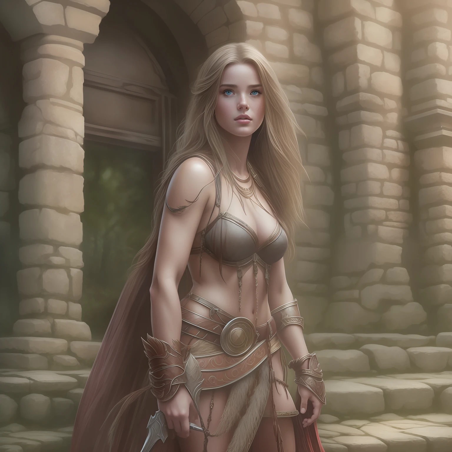 hyper-realistic, ultra-detailed Full body pencil portrait in the style of Douglas Beekman and frank frazetta of a young woman resembling Ellie Bamber as a character from Conan the Barbarian, wearing ragged loincloths in the style of Conan The Barbarian, showing the whole body, depth of field, HOF, hall of fame, detailed gorgeous face, a shadowy abandoned ancient city scenery, evening lighting natural body posture, 64k, ultra-detailed, ultra-accurate detailed, medium bokeh lighting, ultra unreal engine, Douglas Beekman, detailed mascara