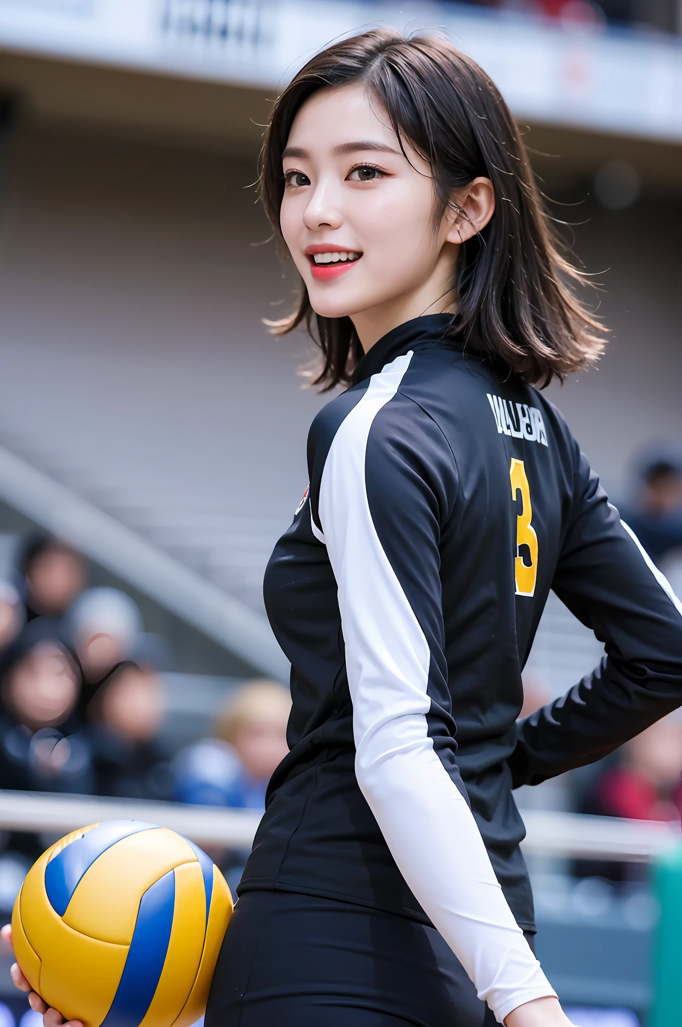 Best quality, masterpiece, ultra high res, (photorealistic: 1.4), highly detailed, professional lighting smile, Stick out the tip of the tongue. Golden-haired black woman playing volleyball, in stadium, tight suit