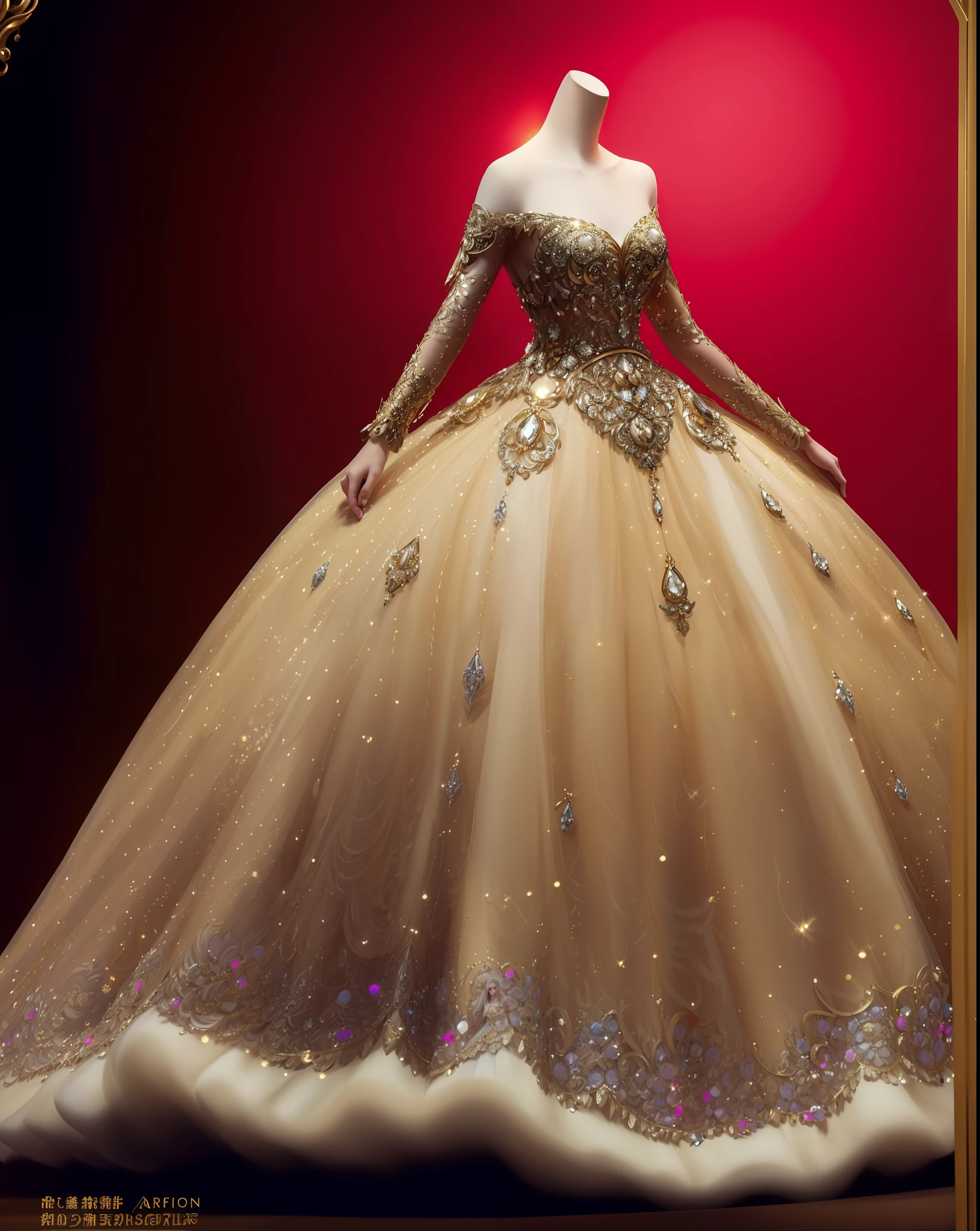 a hyper realistic photograph of a girl standing wearing a majestic light beige and gold ball gown dress, big beautiful dress, intricate puffy ball gown with lots of ruffles and rhinestones (Best quality, masterpiece, ArtStation, Fantasy Art:1.2), a palace room, a beautiful cute girl, (long white hair:1.1), (intricate short gold skirt, bare legs:1.2, full body shot)