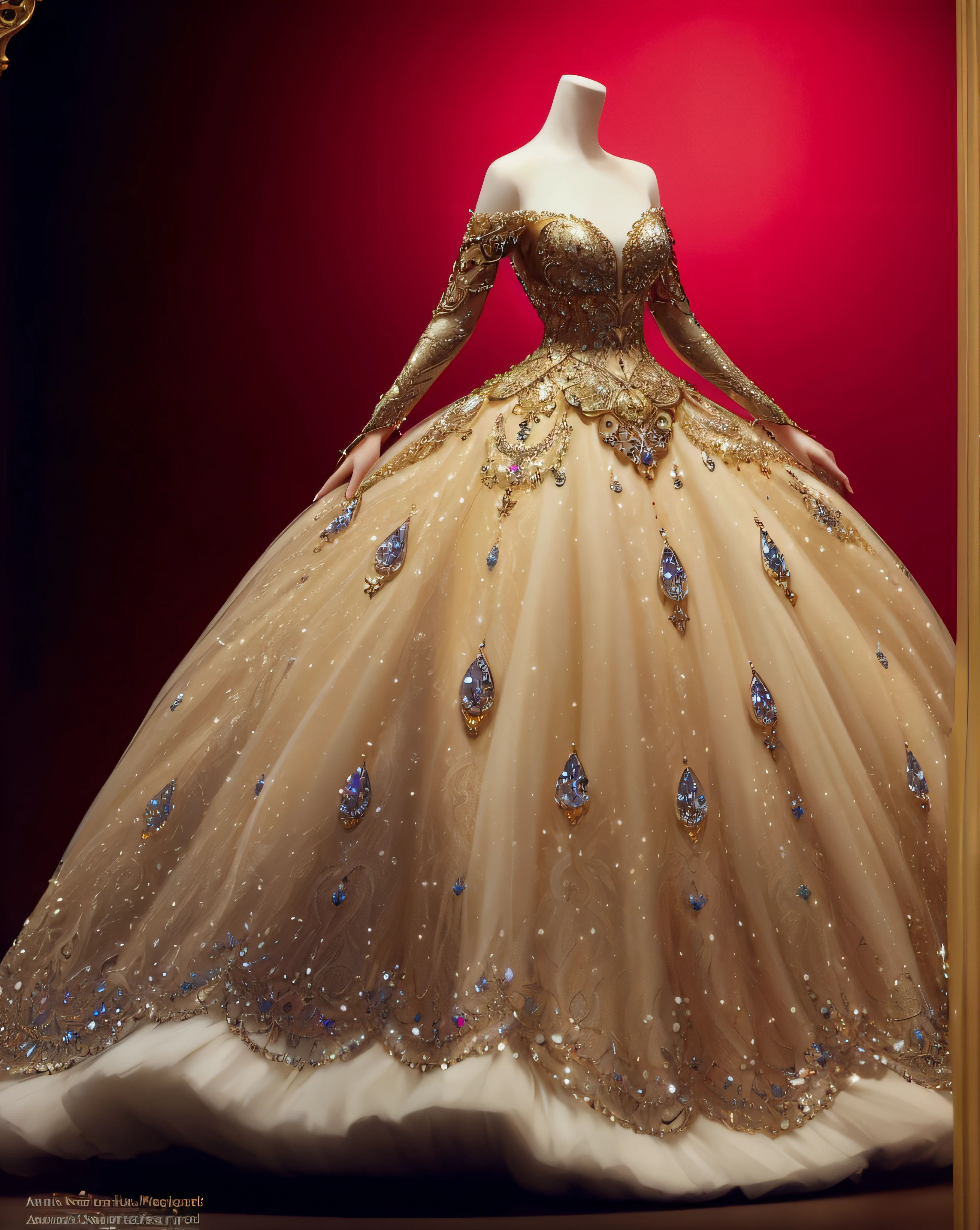 a hyper realistic photograph of a girl standing wearing a majestic light beige and gold ball gown dress, big beautiful dress, intricate puffy ball gown with lots of ruffles and rhinestones (Best quality, masterpiece, ArtStation, Fantasy Art:1.2), a palace room, a beautiful cute girl, (long white hair:1.1), (intricate short gold skirt, bare legs:1.2, full body shot)