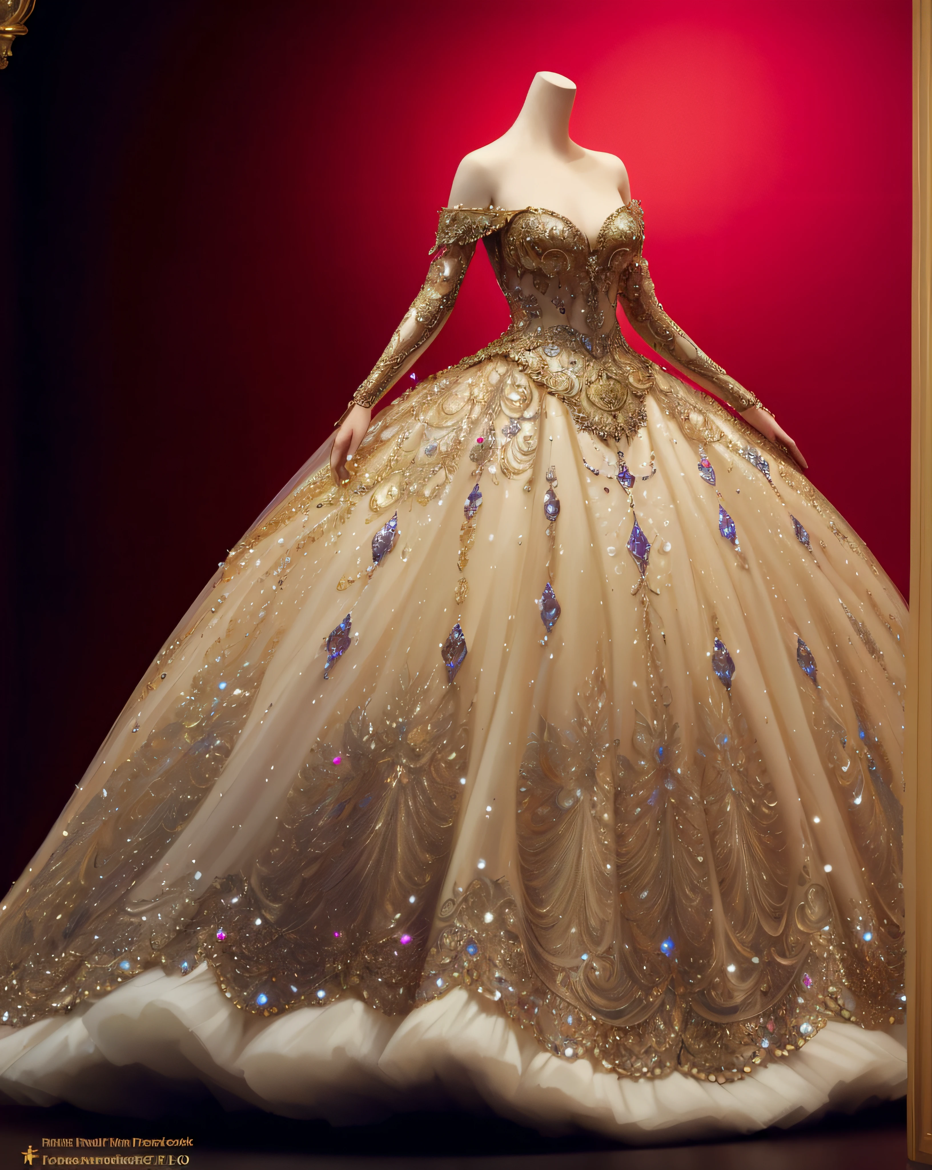 a hyper realistic photograph of a girl standing wearing a majestic light beige and gold ball gown dress, big beautiful dress, intricate puffy ball gown with lots of ruffles and rhinestones (Best quality, masterpiece, ArtStation, Fantasy Art:1.2), a palace room, a beautiful cute girl, (long white hair:1.1), (intricate short gold skirt, bare legs:1.2, full body shot)