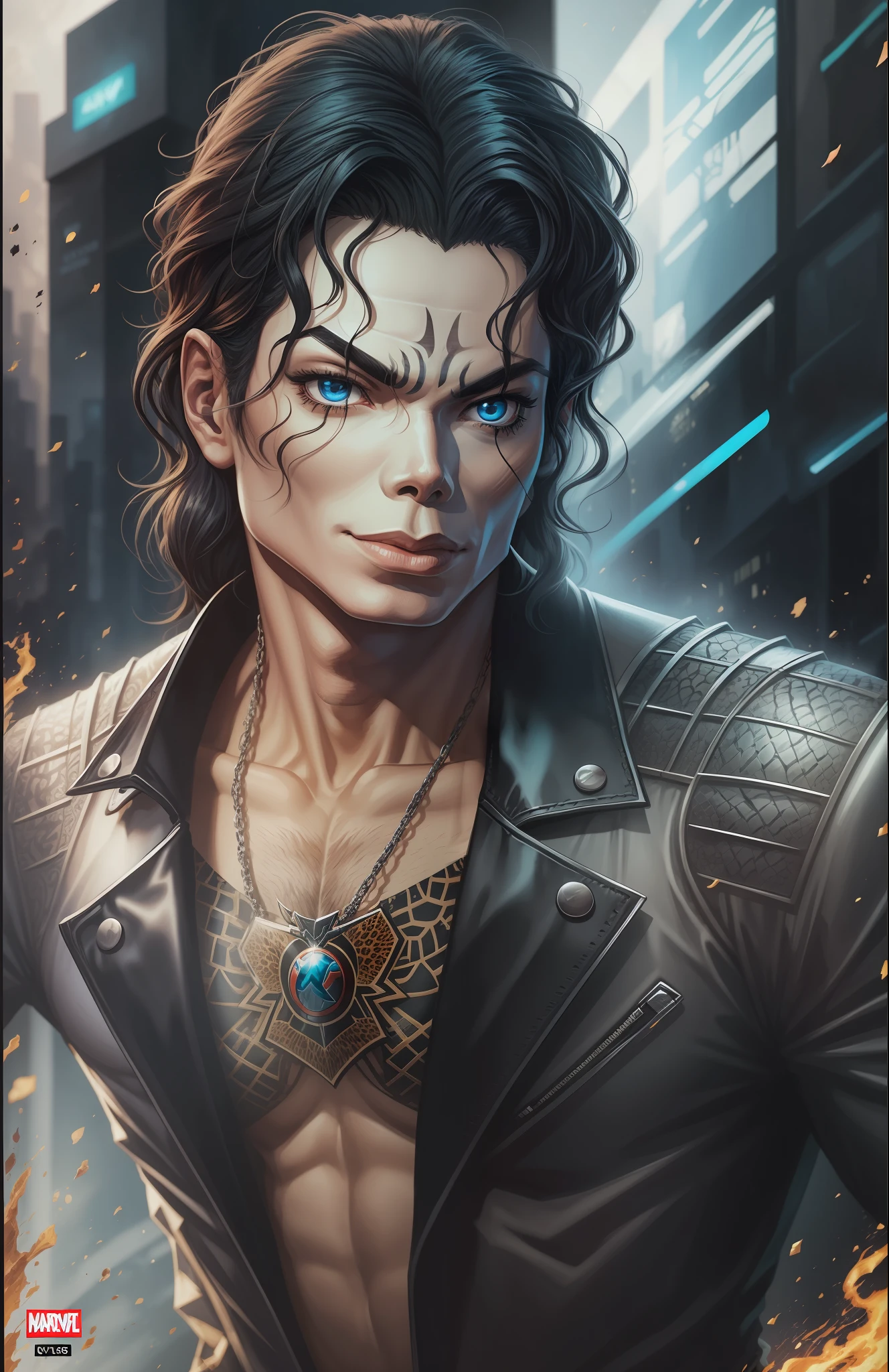 michael jackson Avatar, Estilo Marvel Comics,deitado de lado apoiado no cotovelo com um tigre em cima dele , ultra-realistic, Intricate details 8K –V 5 White background –V 5 –S 250 --auto --s2