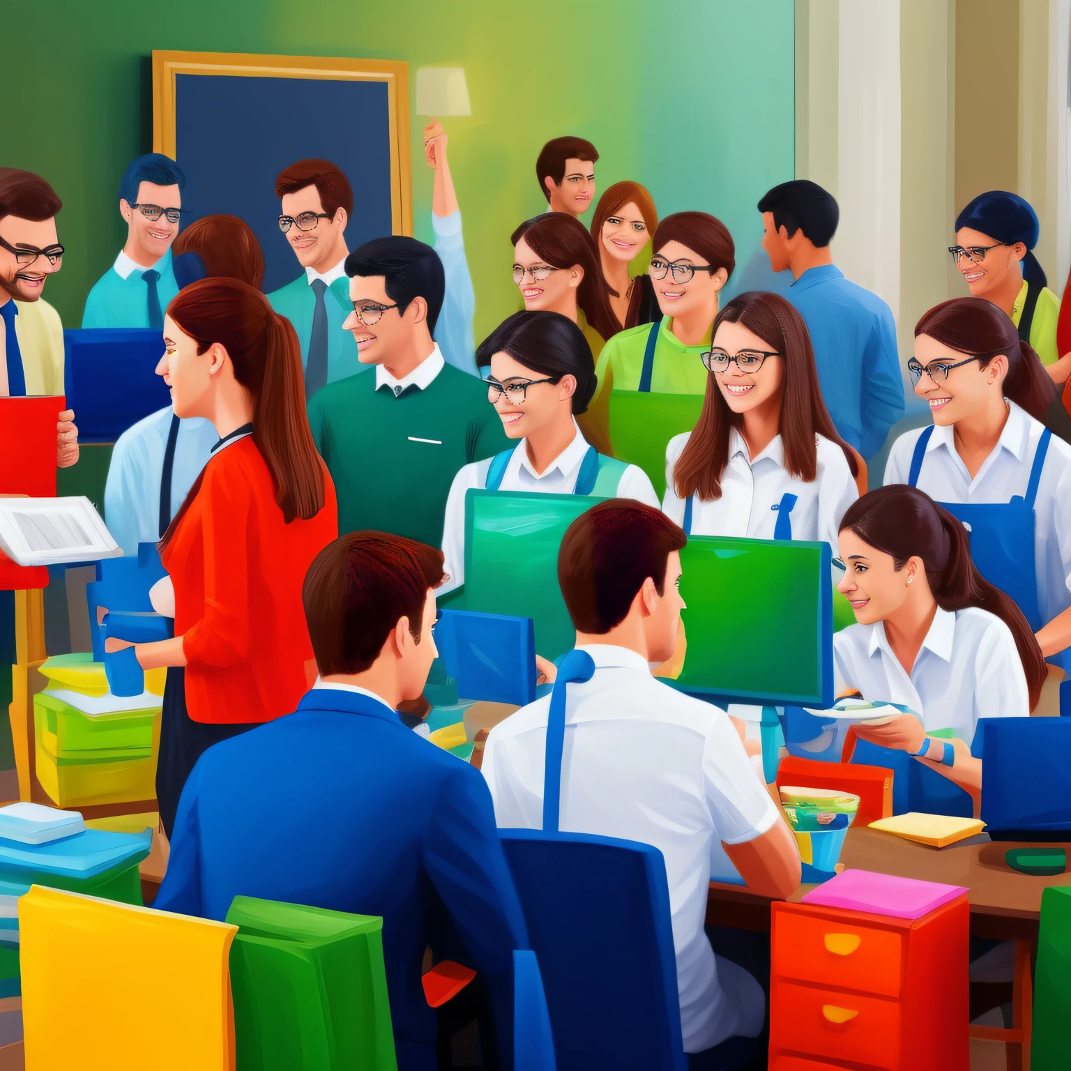 Scenario: An intern on the first day of work. Paint style: "impressionism", with well defined vibrant colors in 8K. Paint in such a way that the characters are easily recognizable and reveal the perfection of the characters' facial expressions.