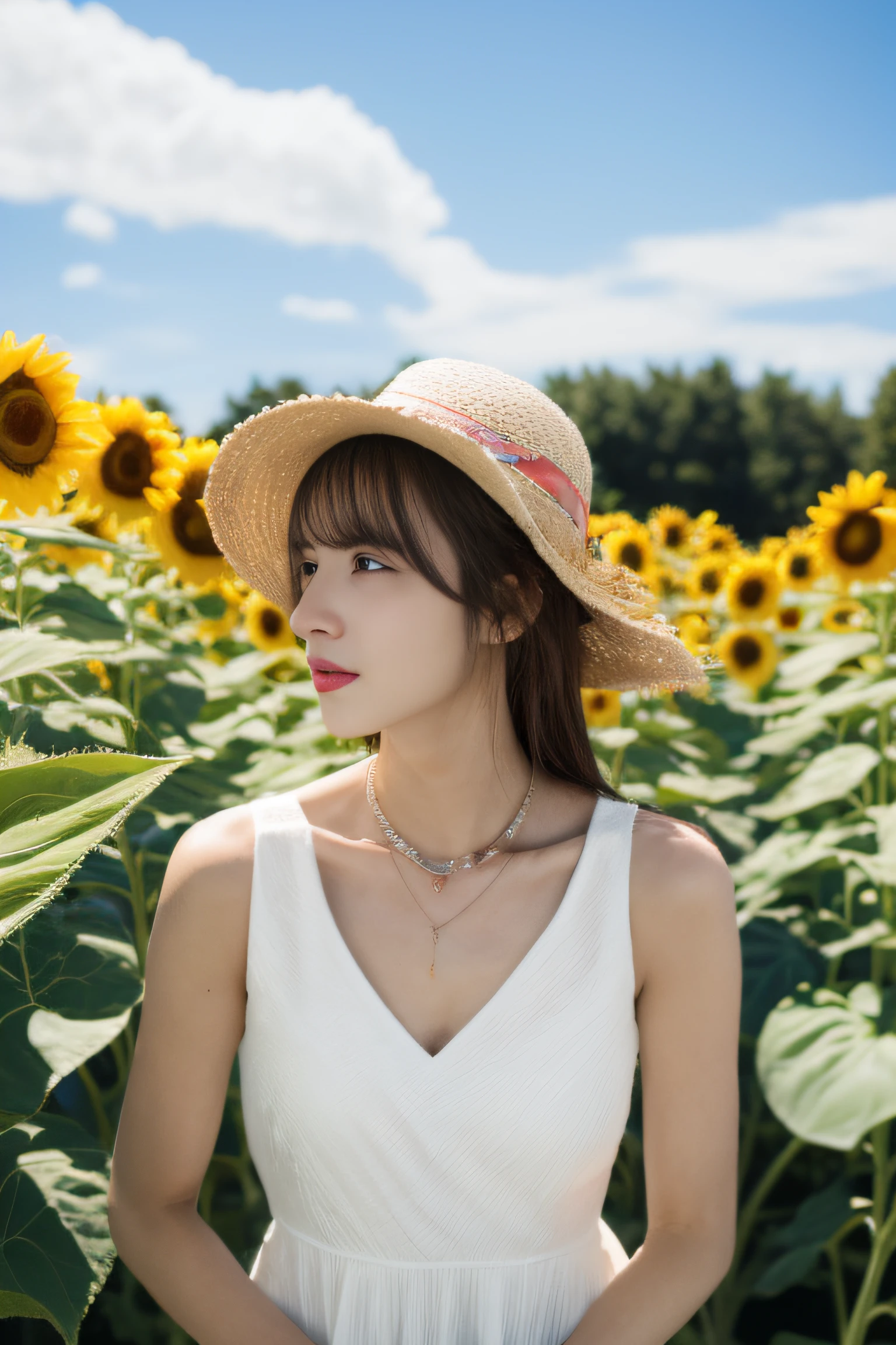 (8K, RAW photogr, Photorealistic:1.25),1girll,a lot of sunflowers,blue-sky,baiyun,Pose,(white dresses:1.2),Rainbow color necklace,(of a real:1.4),conservative girl,full bodyesbian,bucket-hat