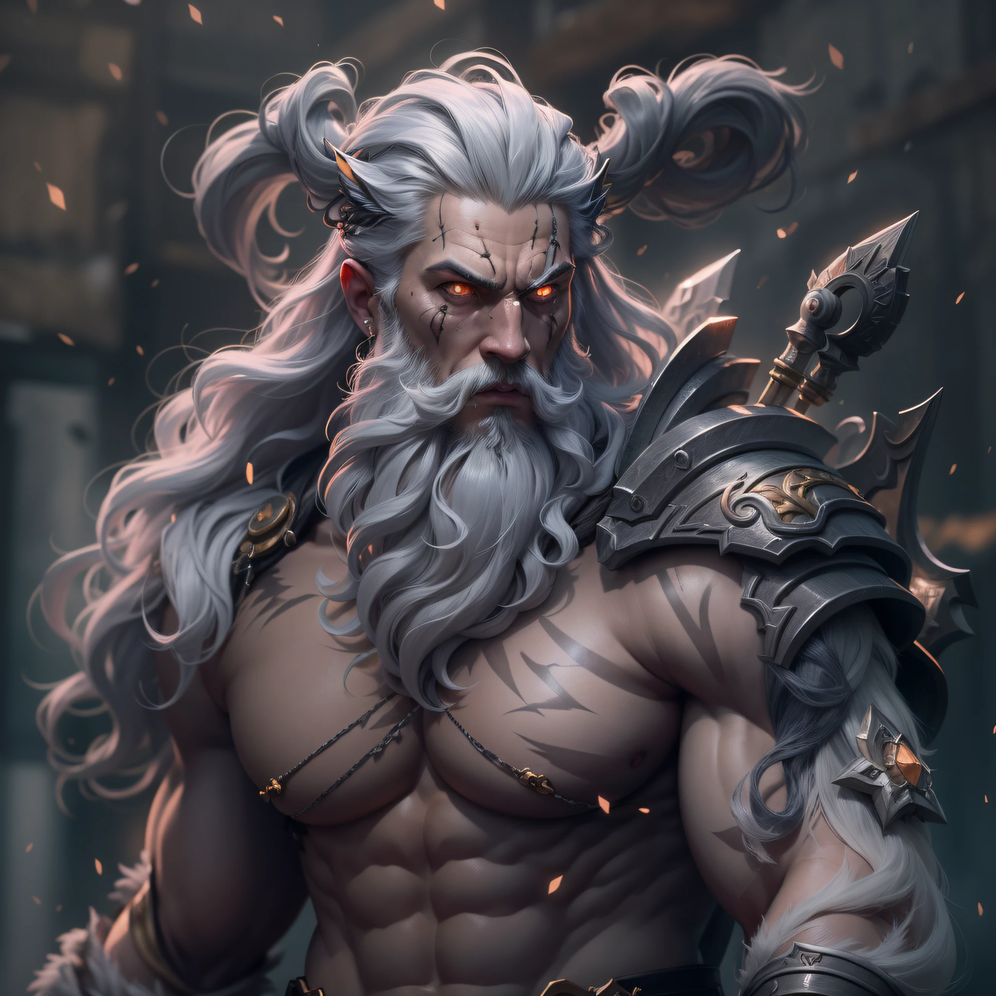 (highly detailed: 1.2), (canon EOS R6 best image quality: 1.2), (8k: 1.0), (dynamic stance: 1.2), masterpiece, best quality, (god Zeus: 1.2), (extremely detailed skin: 1.2), (with a lightning eyes: 1.2), with his thunder staff, wearing celestial mythological costume, very muscular, athletic, huge, gray hair, scars, warrior, bar baro, sfw, mythological dystopia, mythological background, celestial and fantasy.