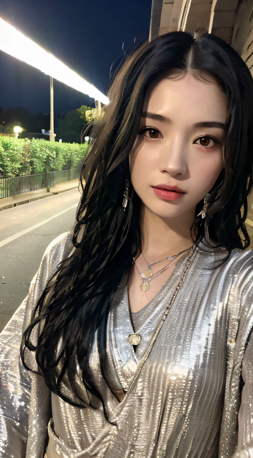 ((Realistic lighting、top-quality、8K、masterpiece:1.3))、Focus:1.2、1 girl in、flawless beauty:1.4、((Wavy black hair、:1.3))、(outside of house、natta:1.2)、Thin Eyes、二重まぶた、(In the street)、toward to the camera、(half: 1)、((Casual wear))、