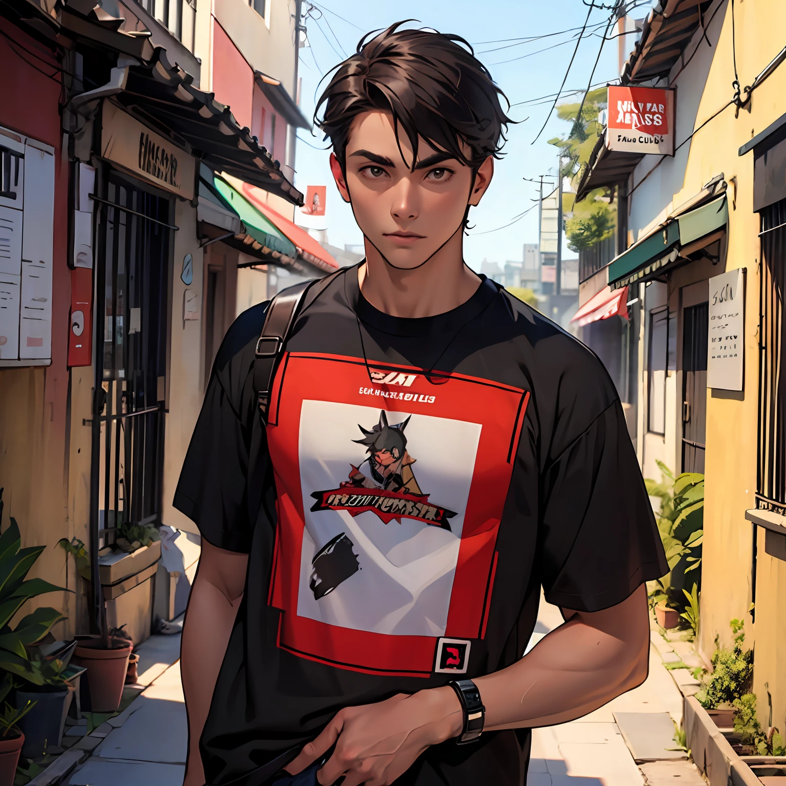 este chico viste con una camiseta negra muy ajustada asu cuerpo