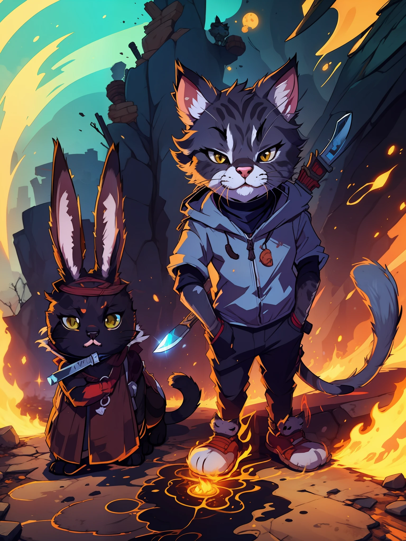 cartoon drawing of a cat with a knife and bunny ears, anthro cat, jazza and rossdraws, an anthro cat, furry art, furry art!!!, anthropomorphic cat ninja, anthropomorphic furry art, rabbit_character, cat the assassin, anthro art, cat bunny, by Shitao, pixiv contest winner