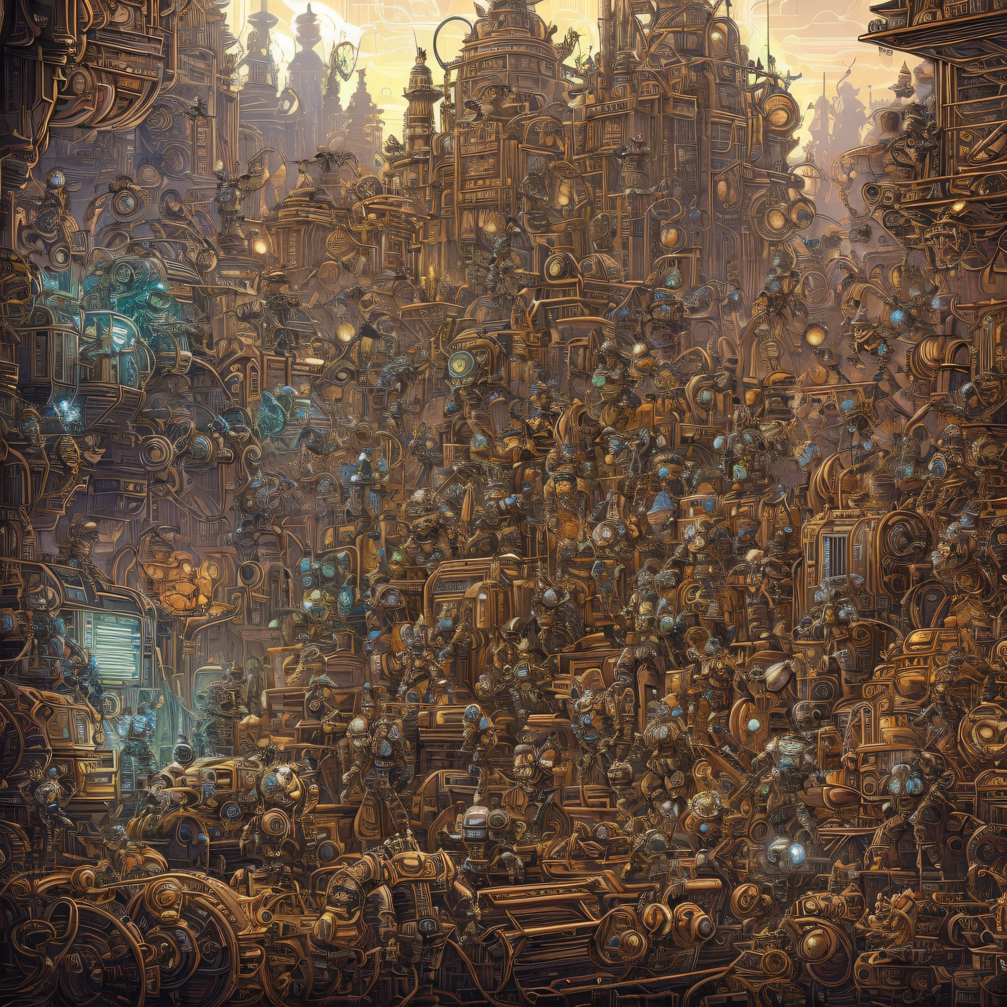 a drawing of a bunch of robots and people, highly detailed cover art, insanely intricate, exceedingly insanely intricate, insanely highly detailed artwork, detailed steampunk illustration, insanely detailed art, very detailed illustration, highly detailed dark art, scary detailed art in color, crazy detailed and complex, josan gonzales and dan mumford, geof darrow art