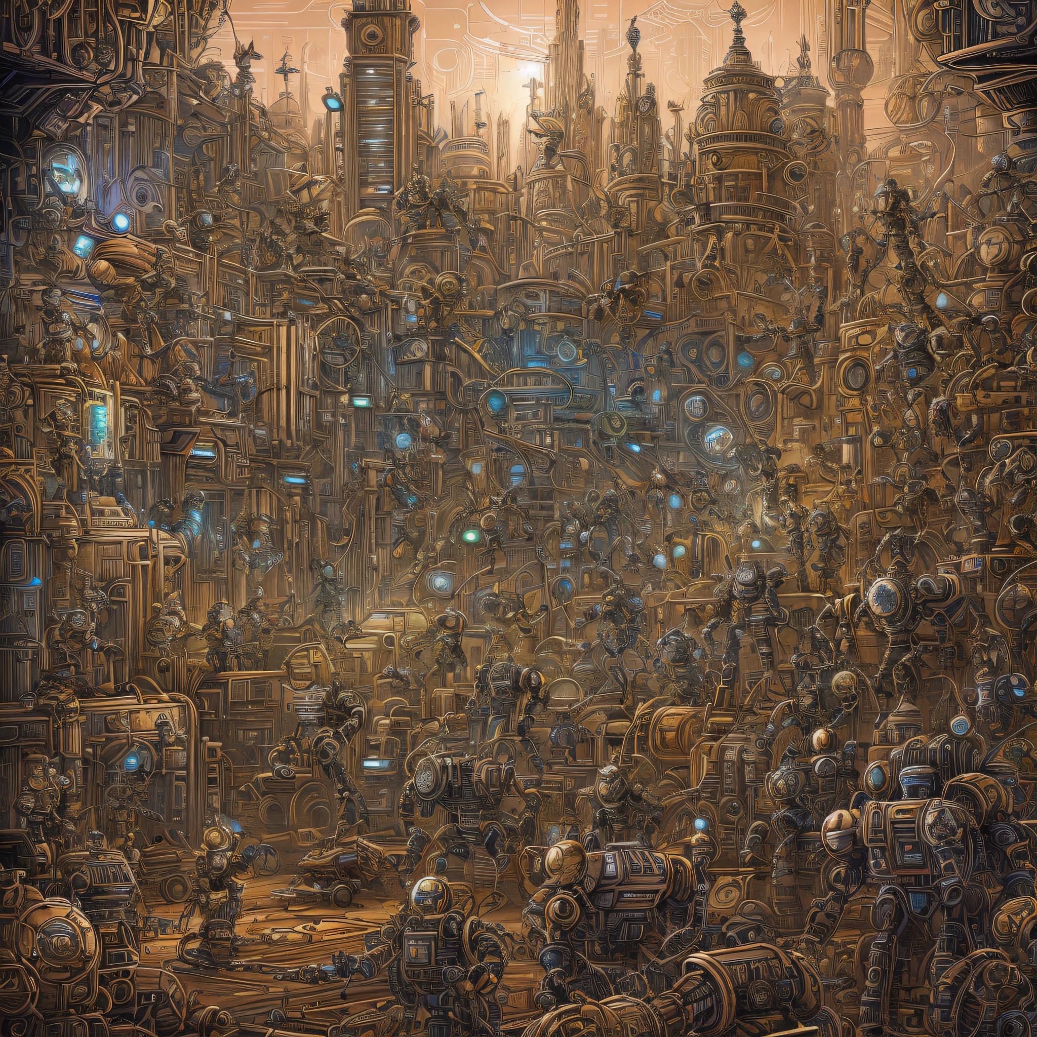 a drawing of a bunch of robots and people, highly detailed cover art, insanely intricate, exceedingly insanely intricate, insanely highly detailed artwork, detailed steampunk illustration, insanely detailed art, very detailed illustration, highly detailed dark art, scary detailed art in color, crazy detailed and complex, josan gonzales and dan mumford, geof darrow art