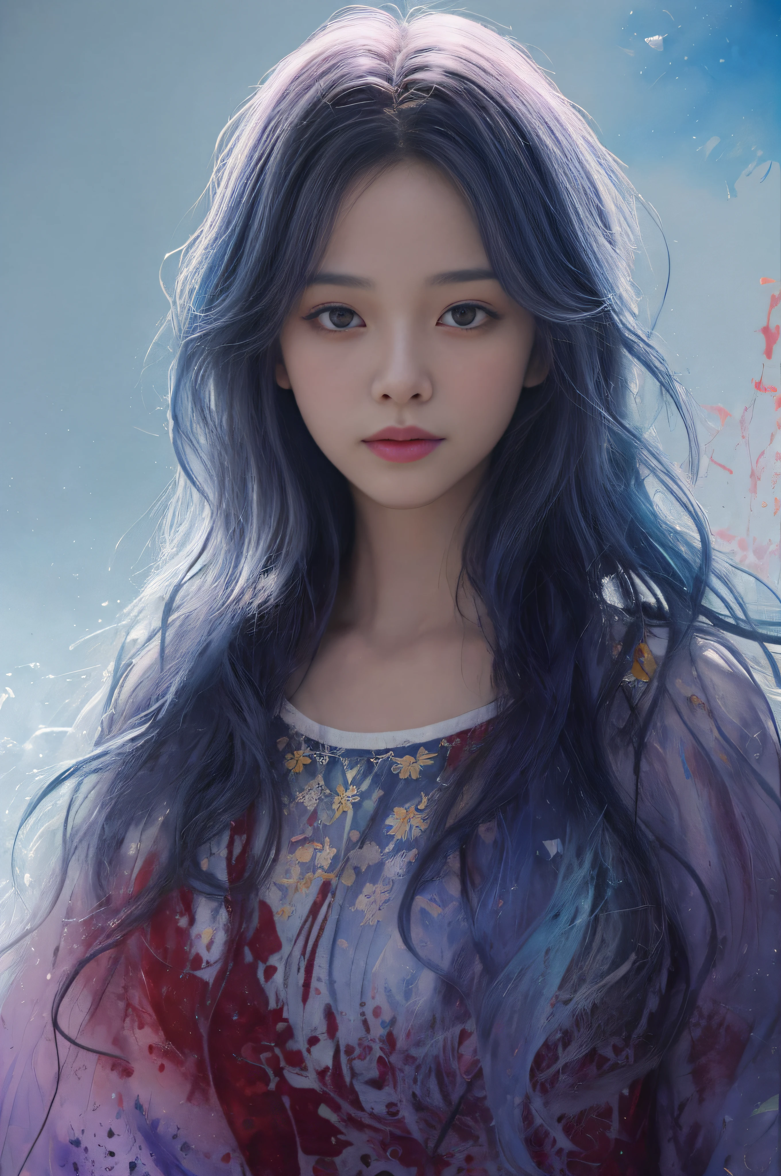 Colorful beautiful girl:A 28-year-old girl,messy hair,Very real photos,Realistic perfect face,Soft skin perfect face,blue yellow colors,Light purple and violet color added,Light red color added,Complicated details,Splash screen,8K分辨率,tmasterpiece, cute face, ArtStation digital painting is smooth and very black ink flow:8k resolution photorealistic masterpiece:intricately detailed fluid gouache painting:Written by Jean Baptiste Mongue:caligraphy:propylene:water color art,professional photoshooting,natural lightting,Volumetric lighting minimalist photographic illustration:Written by Marton Bobzert: ,复杂,ellegance,sprawling,dream magical,Wavy hair,with dynamism