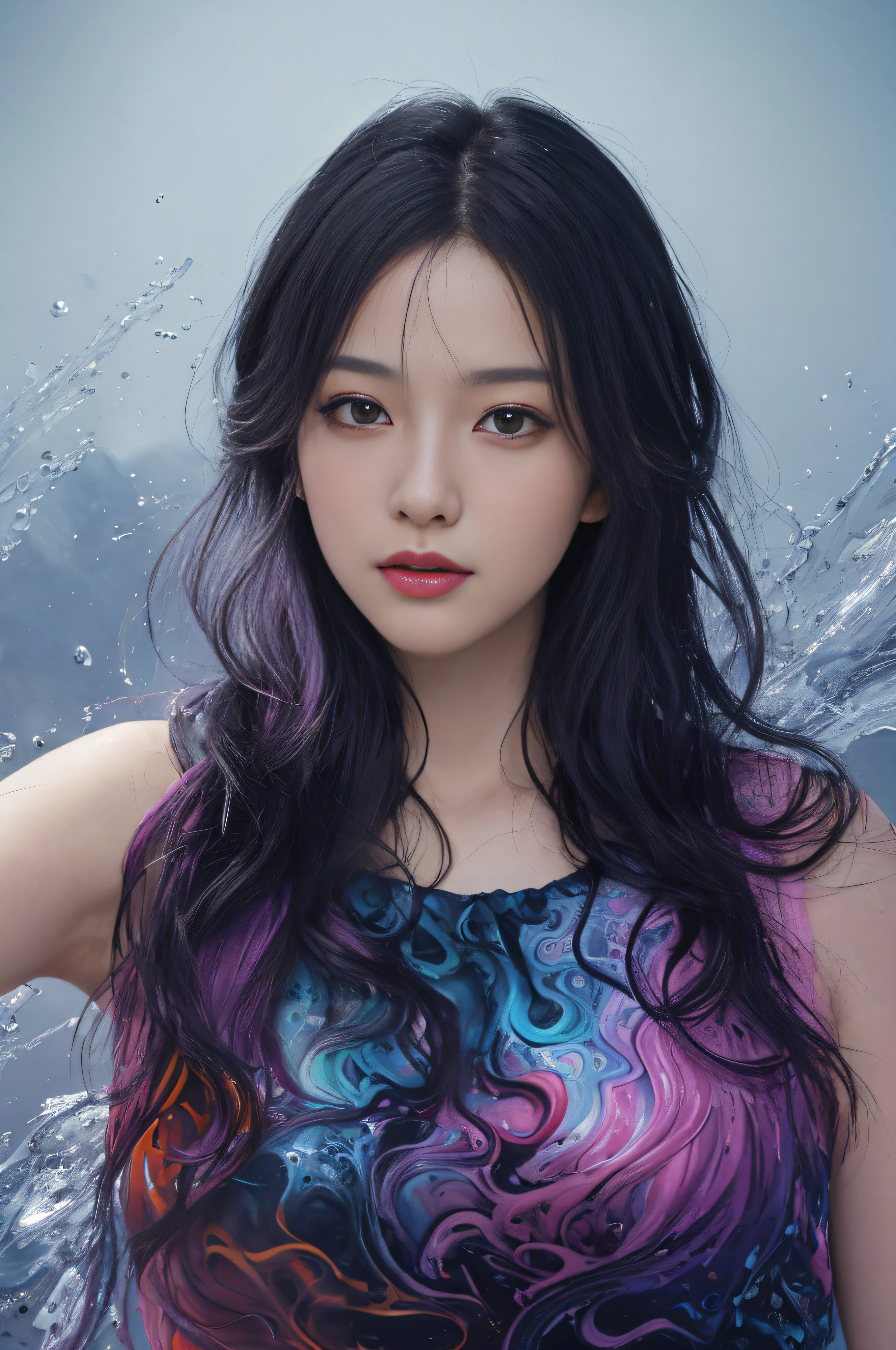 Colorful beautiful girl:A 28-year-old girl,messy hair,Very real photos,Realistic perfect face,Soft skin perfect face,blue yellow colors,Light purple and violet color added,Light red color added,Complicated details,Splash screen,8K分辨率,tmasterpiece, cute face, ArtStation digital painting is smooth and very black ink flow:8k resolution photorealistic masterpiece:intricately detailed fluid gouache painting:Written by Jean Baptiste Mongue:caligraphy:propylene:water color art,professional photoshooting,natural lightting,Volumetric lighting minimalist photographic illustration:Written by Marton Bobzert: ,复杂,ellegance,sprawling,dream magical,Wavy hair,with dynamism