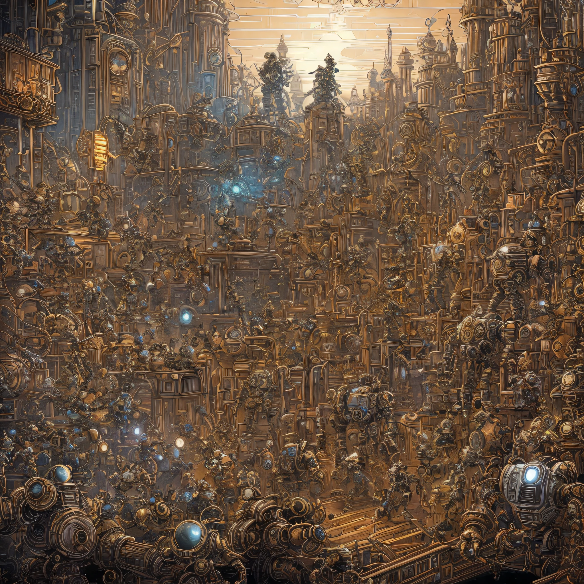 a drawing of a bunch of robots and people, highly detailed cover art, insanely intricate, exceedingly insanely intricate, insanely highly detailed artwork, detailed steampunk illustration, insanely detailed art, very detailed illustration, highly detailed dark art, scary detailed art in color, crazy detailed and complex, josan gonzales and dan mumford, geof darrow art
