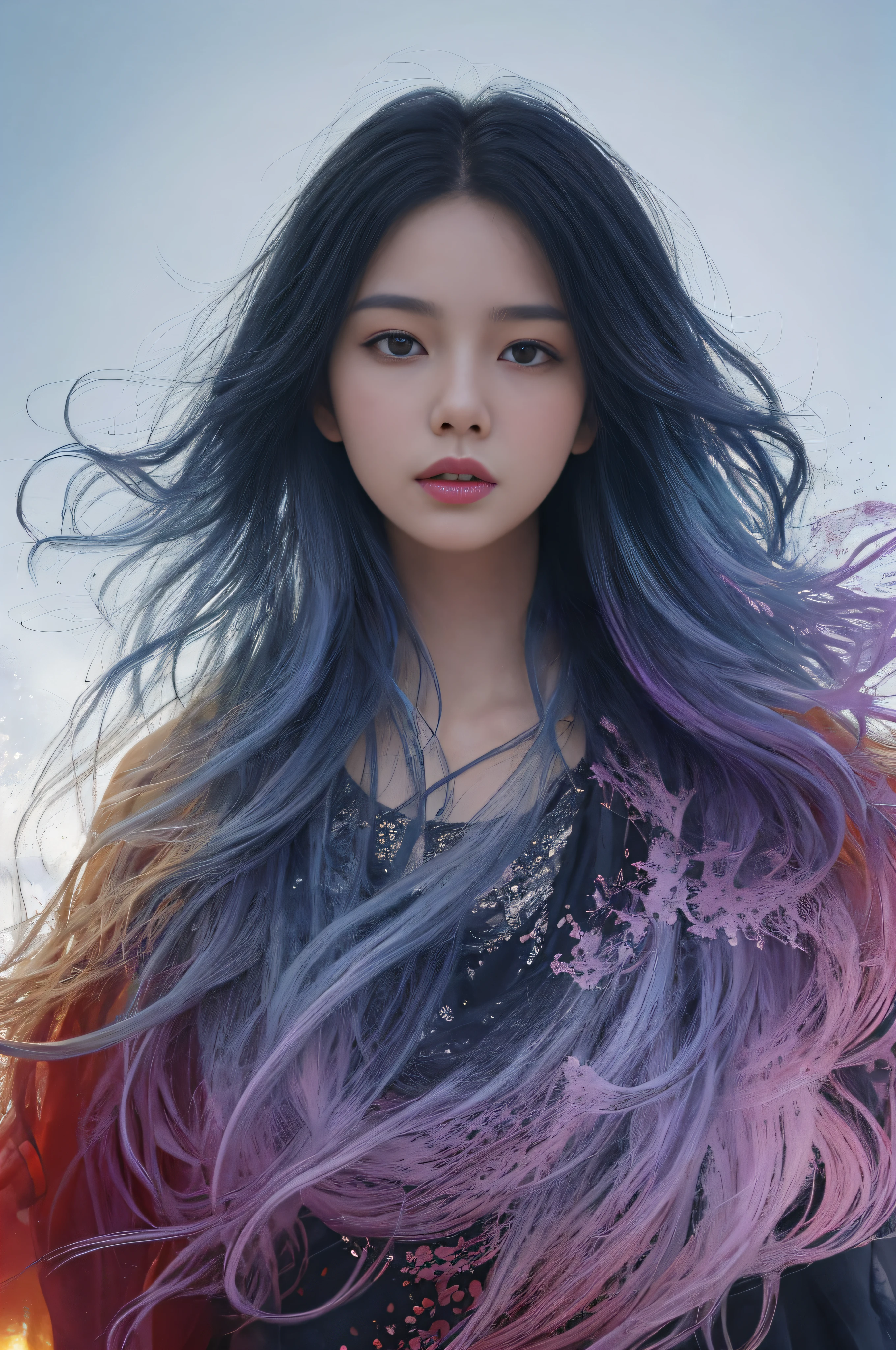 Colorful beautiful girl:A 28-year-old girl,messy hair,Very real photos,Realistic perfect face,Soft skin perfect face,blue yellow colors,Light purple and violet color added,Light red color added,Complicated details,Splash screen,8K分辨率,tmasterpiece, cute face, ArtStation digital painting is smooth and very black ink flow:8k resolution photorealistic masterpiece:intricately detailed fluid gouache painting:Written by Jean Baptiste Mongue:caligraphy:propylene:water color art,professional photoshooting,natural lightting,Volumetric lighting minimalist photographic illustration:Written by Marton Bobzert: ,复杂,ellegance,sprawling,dream magical,Wavy hair,with dynamism