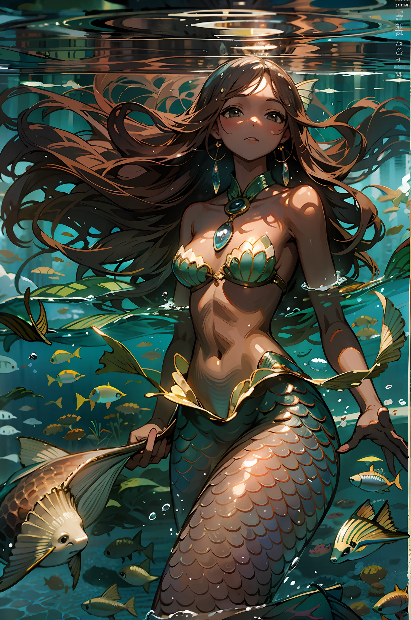 Brown-skinned mermaid、South Sea shallow waters、under the water、