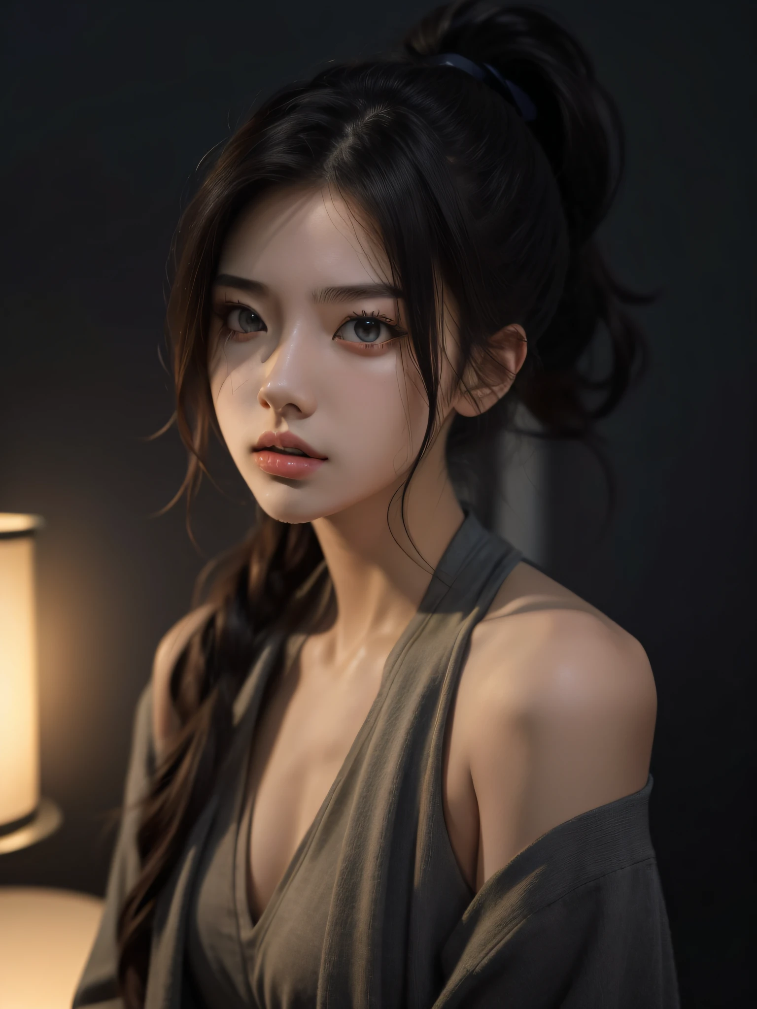 best qualtiy, tmasterpiece, 超高分辨率, (realisticlying:1.5), RAW photogr, 1girll, bshoulders, in the darkness nigth, deep shading, low tune, cold light, Sexy look, High ponytail