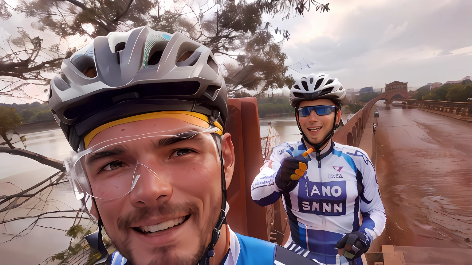 There are two men on bicycles on a bridge with a river in the background, sables cruzados em segundo plano, Sakimichan e Frank Franzzeta, Vazando, In Sao Paulo, Foto POV, Bram Sels, Frank Franzzeta e Sakimichan, foto Selfie, me, Selfie, ciclismo!!, posing for camera, muito feliz!, not cropped