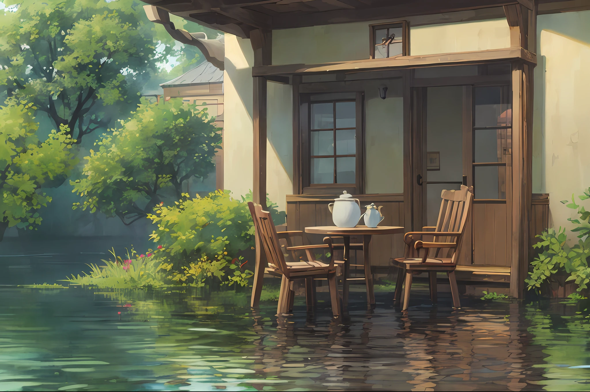 janelas, a chair, wooden floor, The tree,downpours , standing water, Tea table,