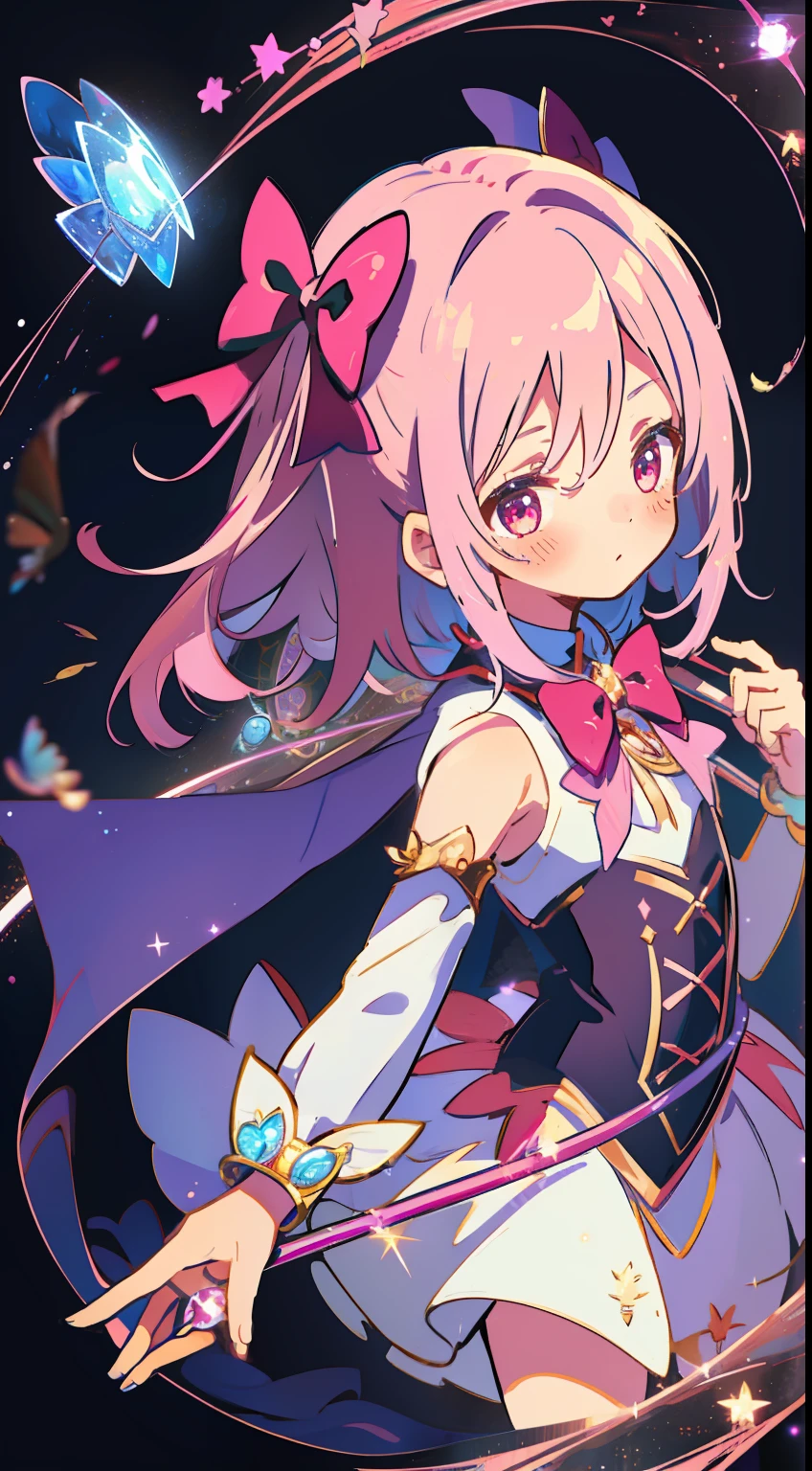 One girl、magical little girl、metamorphosis、Magical Girl Costumes、​masterpiece、top-quality、Top image quality、cute little、Magic cane、magia、black backgrounds、bow ribbon、frilld、