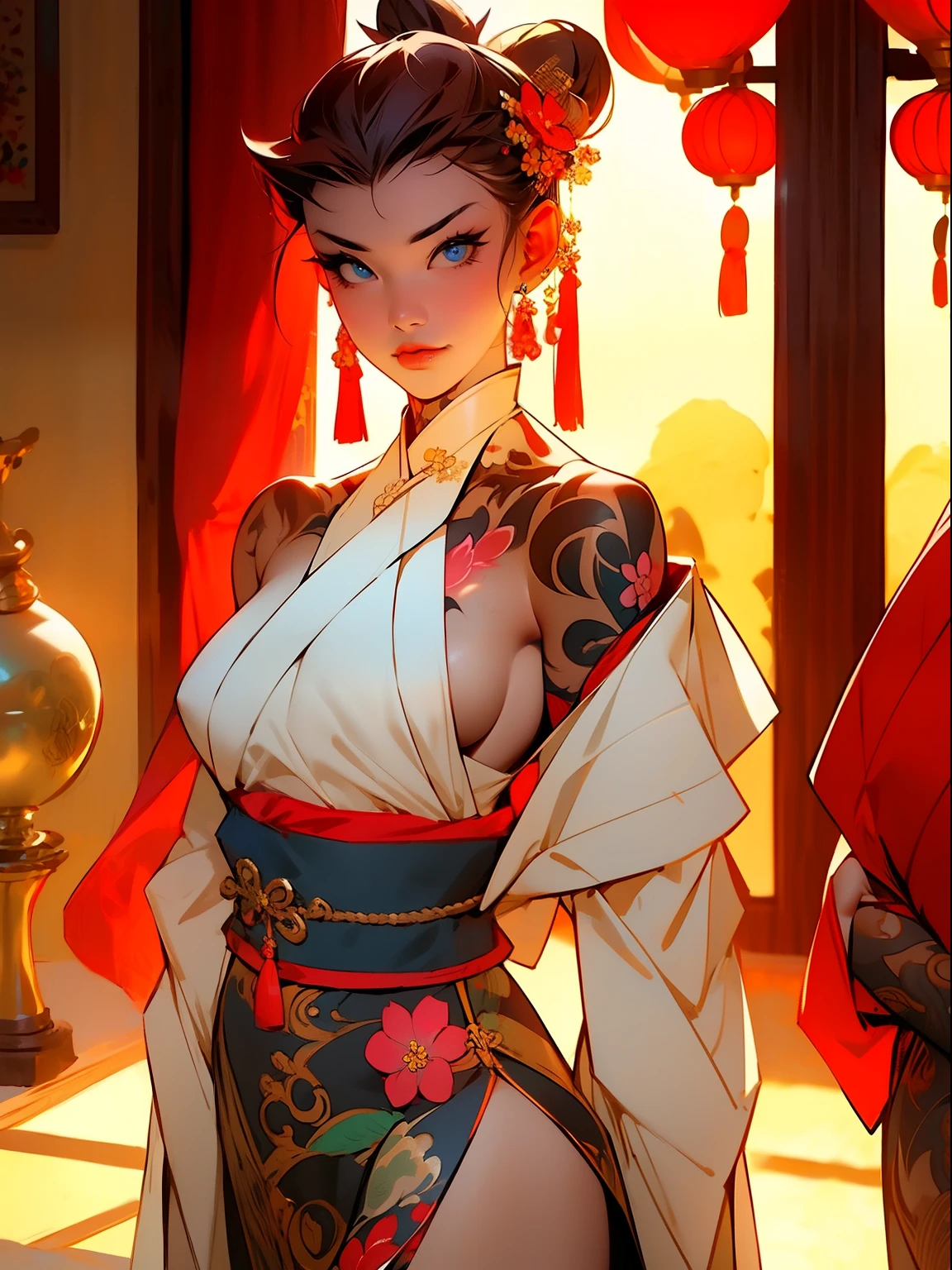 (masterpiece best quality:1.4),1girll, (Chinese text tattoo:1.5), 独奏, hair flower, long whitr hair, eBlue eyes, looking at viewert, mediuml breasts, Tattooed with, brunette color hair, nipple tassels, exposed bare shoulders, By bangs, 耳Nipple Ring, inside in room, nape, cropped shoulders, jewely, eyeslashes, cparted lips, contours, hair-bun, nipple piercing, single hair bun,Japanese-style family environment