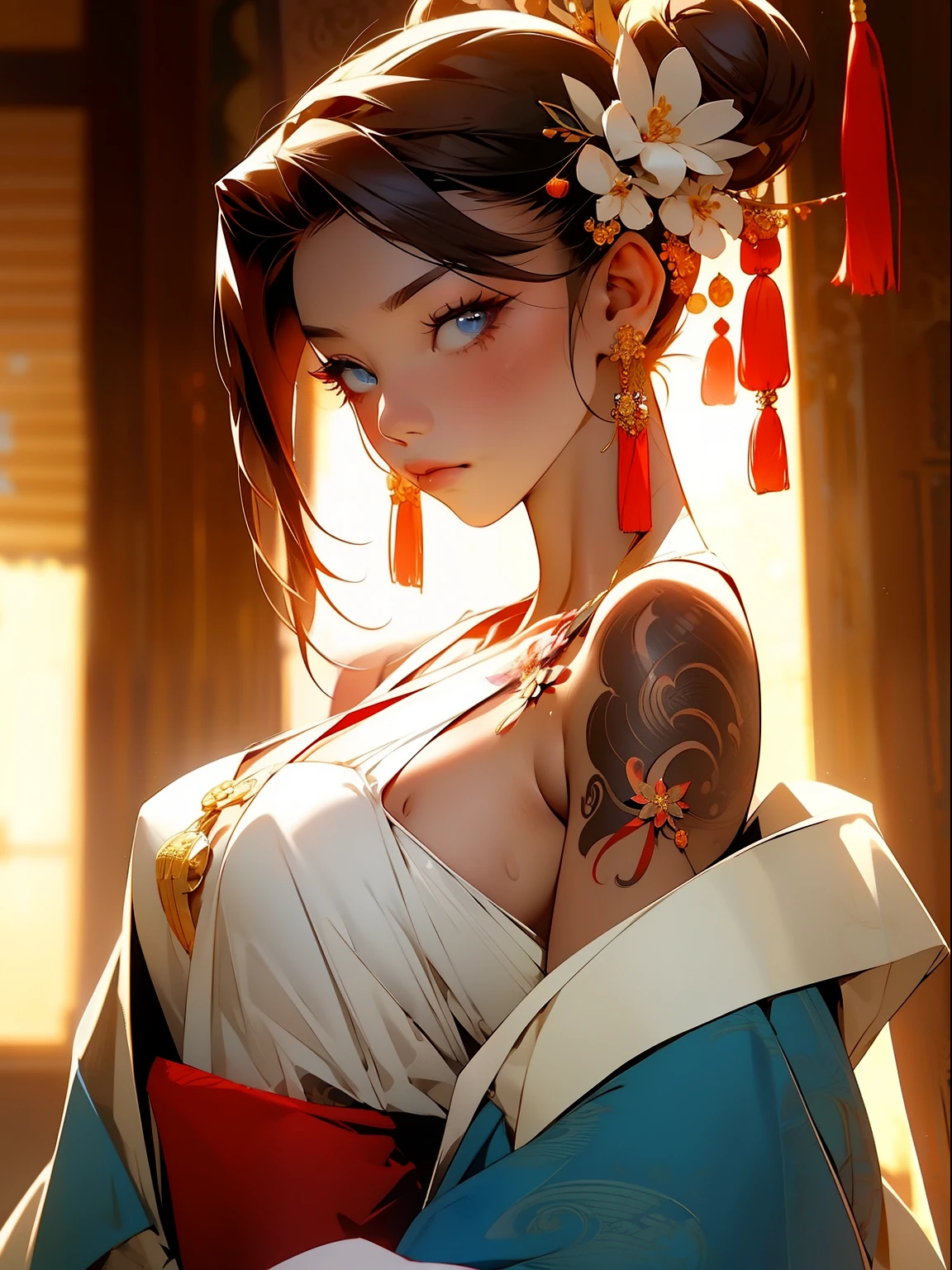 （masterpiece best quality：1.4），1girll， （Chinese text tattoo：1.5）， 独奏， hair flower， long whitr hair， eBlue eyes， looking at viewert， mediuml breasts， Tattooed with， brunette color hair， nipple tassels， exposed bare shoulders， By bangs， 耳Nipple Ring， inside in room， nape， cropped shoulders， jewely， eyeslashes， cparted lips， contours， hair-bun， nipple piercing， single hair bun，Japanese-style family environment