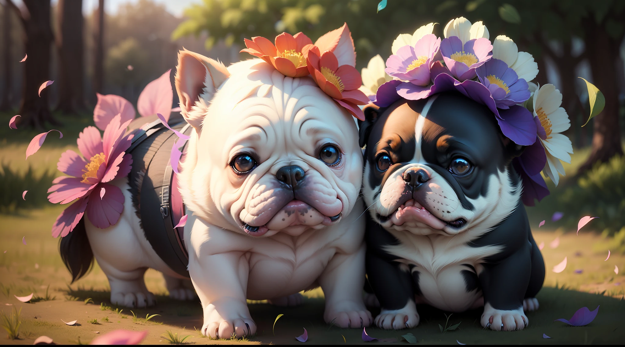 Baby Bulldog, fundo complexo, beautiful  lighting, sombra profunda, melhor qualidade, obra-prima, Ultra Highres, fotorrealista, muitos pequenos detalhes, cores suaves, volumeric lighting, Scifi, contraste: 0.5, sozinho: 1.4, majo, bicho, floresta, grama, salgueiros, flower petals, Ultra fofo, Cutemaomao