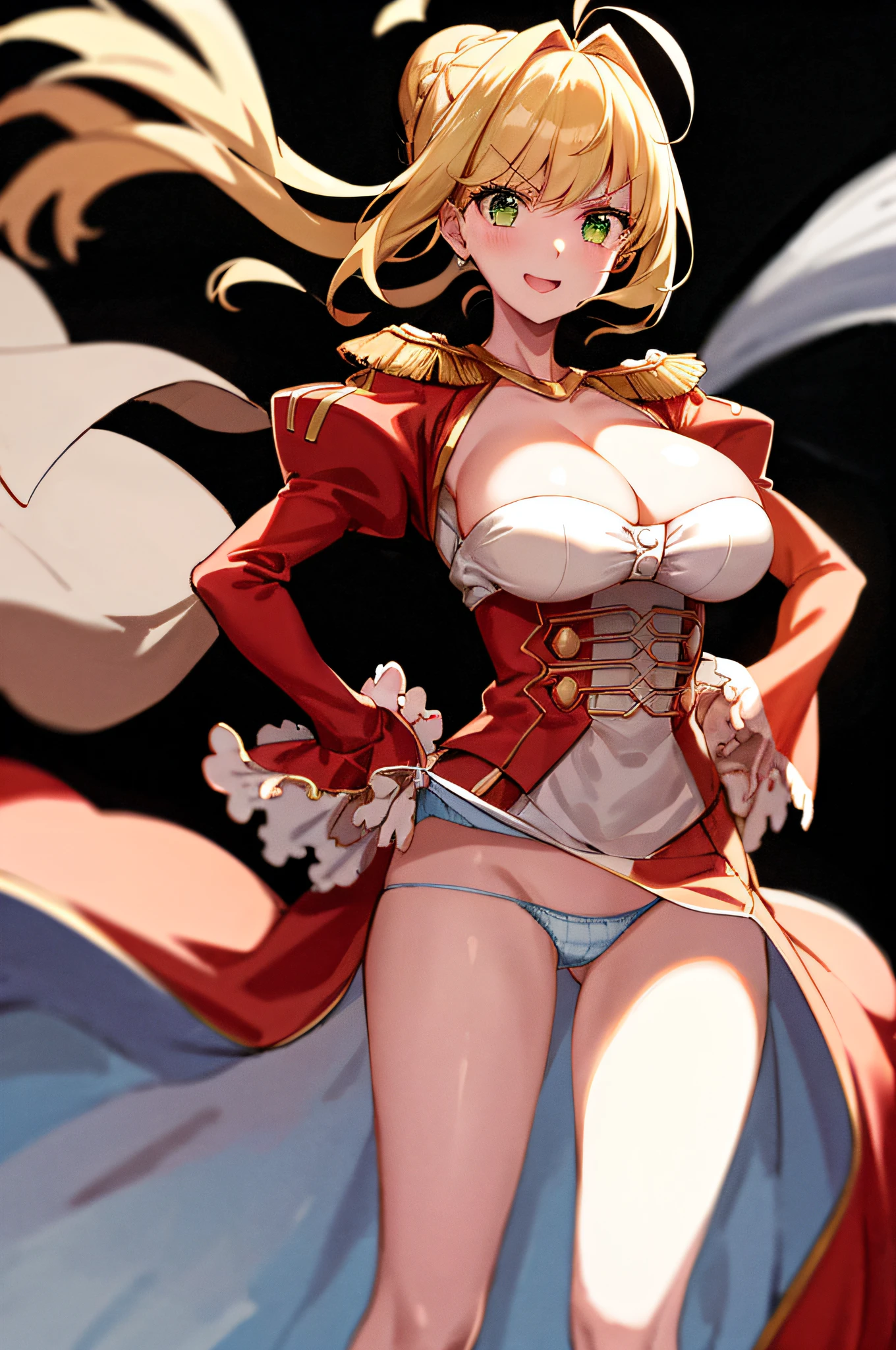 Nero Claudius(destiny), 1girls, pectoral, 独奏, Blonde hair, cleavage breasts, Green eyes, Ahoge, ginormous breasts, epaulettes, Sorrisos, looking at the viewers, blushes, Braids, Red dress, Hands on the hips, The dress, Hair intake, Long sleeve, Juliet Sleeve, Bangs, Upper bust, breasts focus, fcollarbone, puffy sleeves, french braids, shorter hair, ribbons, Black background, >:), v-shaped eyebrows, Hair buns, Red Ribbon, Natural volumetric lighting and the best shadows、Deep Depth Of Field、sharpening Focus、Sharp eyeliner、(best qulaity、Amazing details:1.4)、The Masterpiece、bloom、Picturesque、Brilliant Colorful Paintings、looking the viewer、Pink lips、Sorrisos、White underwear、(wind、wind lift、Skirt lifted by the wind、Skirt rolled up by the wind、Skirt flutters:1.5)、(Fully exposed panties:1.5)、(white ribbed panties:1.5)、(standing a:1.7)、Smile with open mouth