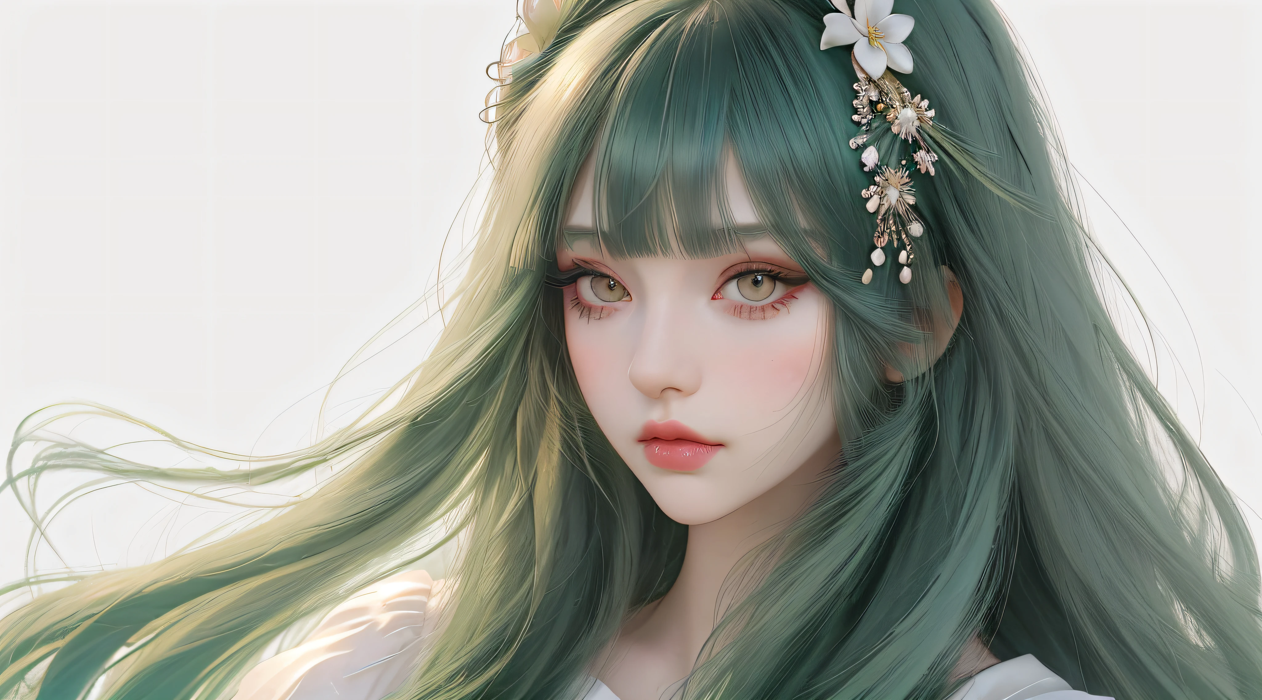 Girl, long green hair, black eyes, thick eyelashes, eye shadow, lip gloss, with hair accessories, neatly combed bangs, gaze straight at the viewer, makeup, colorful hair, portrait, simple background, alone, white background, smooth skin, masterpiece: 1.4, best quality: 1.4, realistic, fashion girl