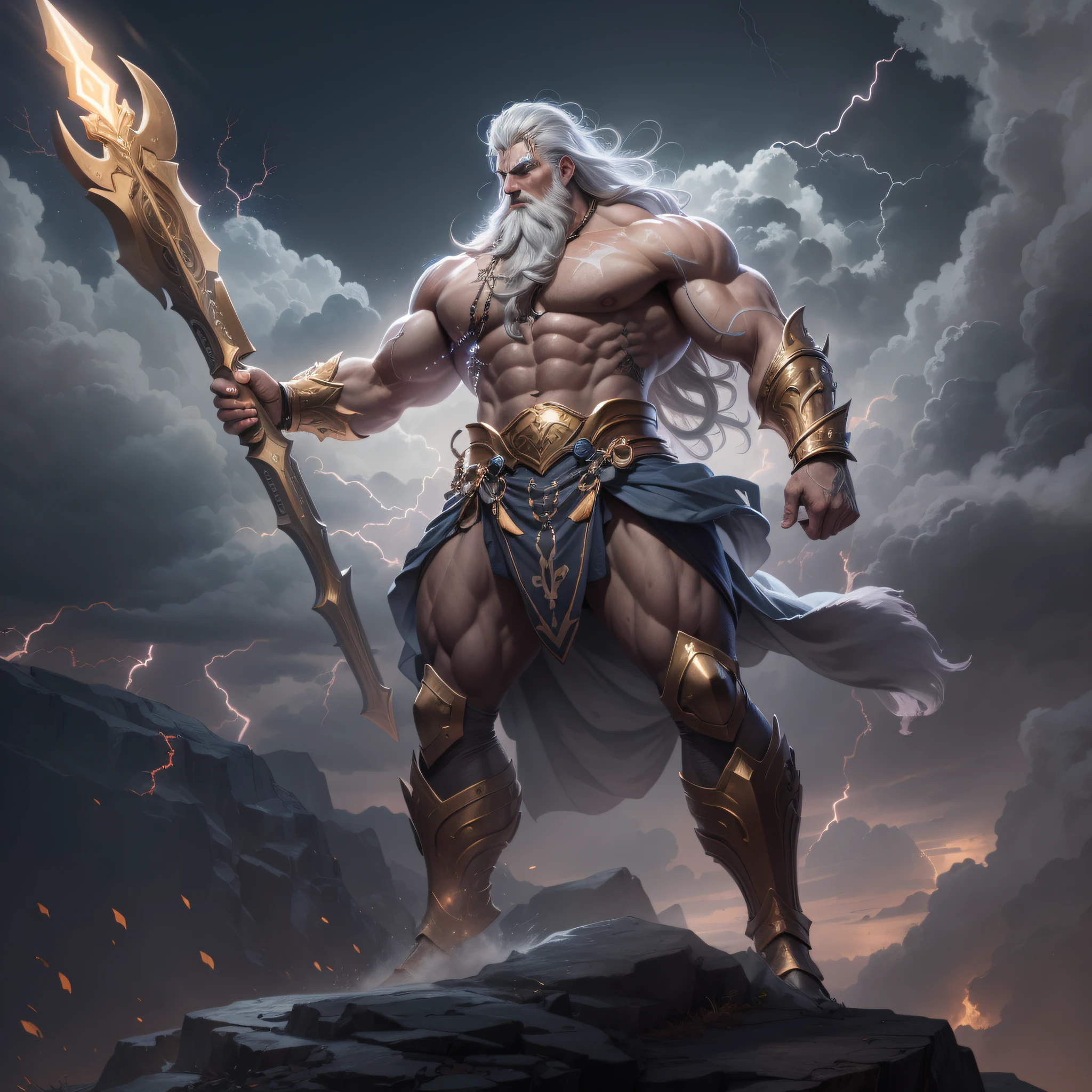 (highly detailed: 1.2), (best image quality canon EOS R6: 1.2), (8k: 1.0), (dynamic stance: 1.2), masterpiece, best quality, (god Zeus: 1.2), (extremely detailed skin: 1.2), (with lightning eyes: 1.2), with thunder in hand, wearing celestial mythological costume, very muscular, athletic, huge, gray hair, scars, warrior, bar baro, sfw, dist. opia, mythological, celestial and fantasy background.