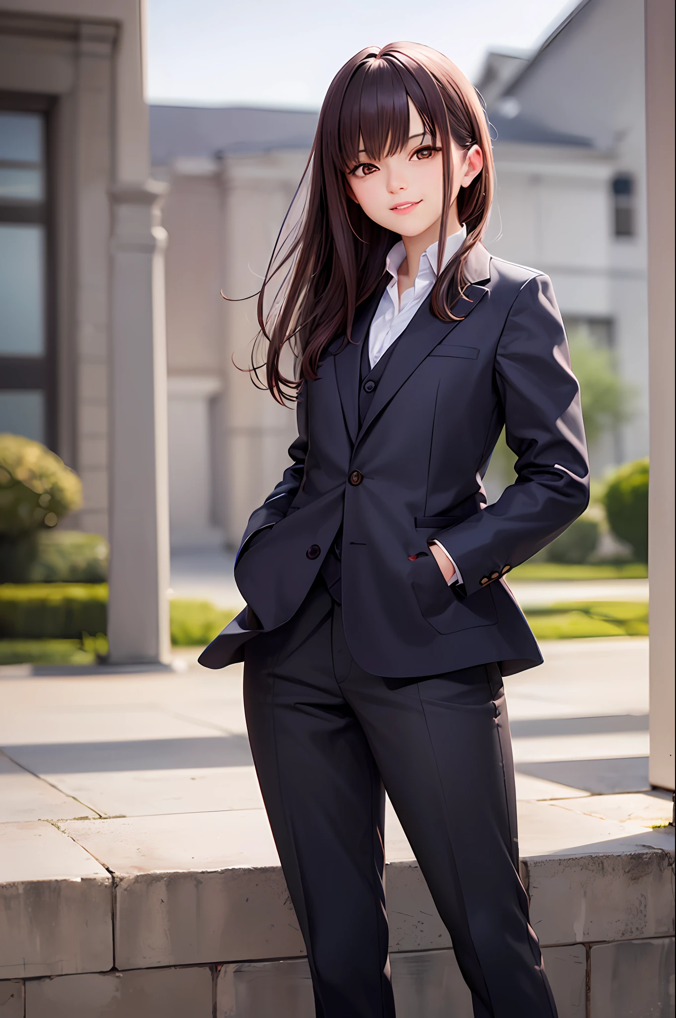 (obra-prima, melhor qualidade: 1.2), tiro de cowboy, solo, 1girl, scathach \(fate\), sorriso, boca fechada, olhando para o espectador, hand in pocket, cabelo preto longo, olhos pretos, formal, terno, gravata, black trousers