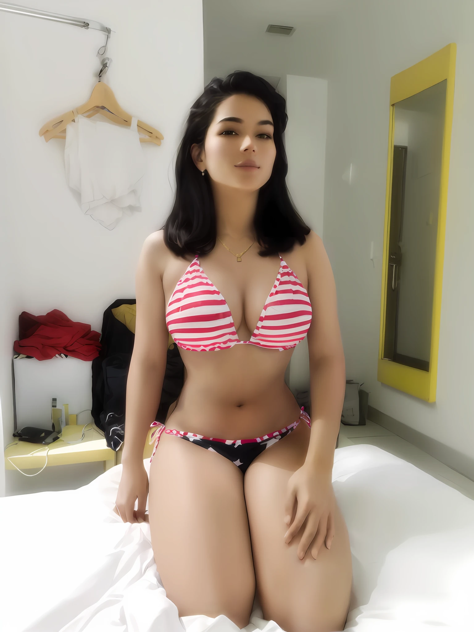 there is a woman in a bikini sitting on a bed, she's on my bed in bikini, full body shot in bikini, big boob, posing in a bedroom, 2 , 21 years old, 2 3 years oldold female model, 1 8 yo, 2 4 years old, 18 years : bikini, in bikini
