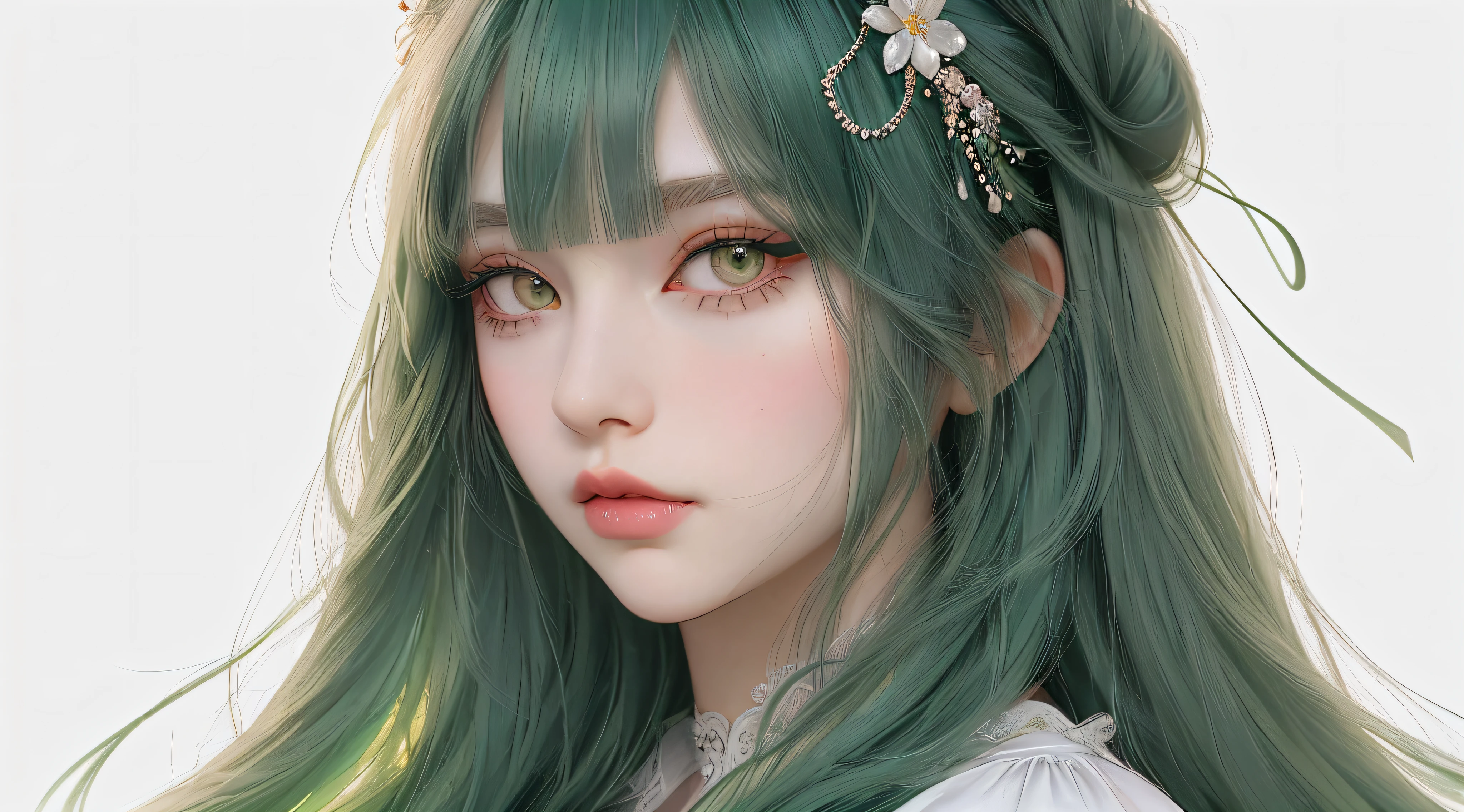 Girl, long green hair, black eyes, thick eyelashes, eye shadow, lip gloss, with hair accessories, neatly combed bangs, gaze straight at the viewer, makeup, colorful hair, portrait, simple background, alone, white background, smooth skin, masterpiece: 1.4, best quality: 1.4, realistic, fashion girl