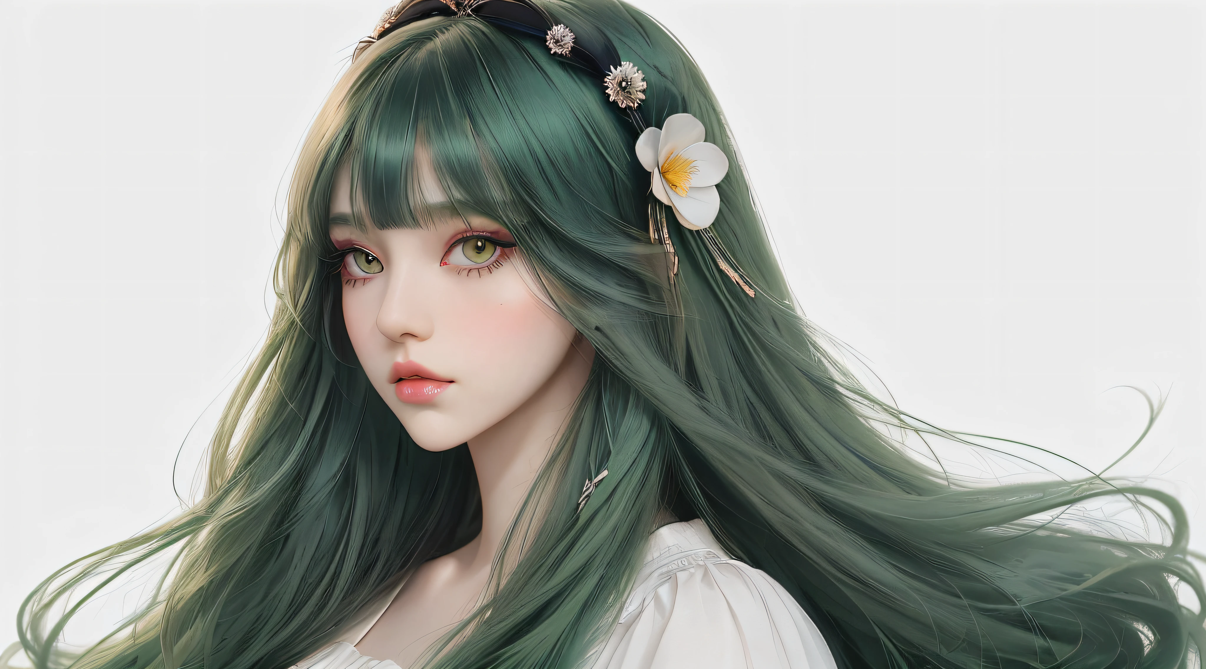 Girl, long green hair, black eyes, thick eyelashes, eye shadow, lip gloss, with hair accessories, neatly combed bangs, gaze straight at the viewer, makeup, colorful hair, portrait, simple background, alone, white background, smooth skin, masterpiece: 1.4, best quality: 1.4, realistic, fashion girl