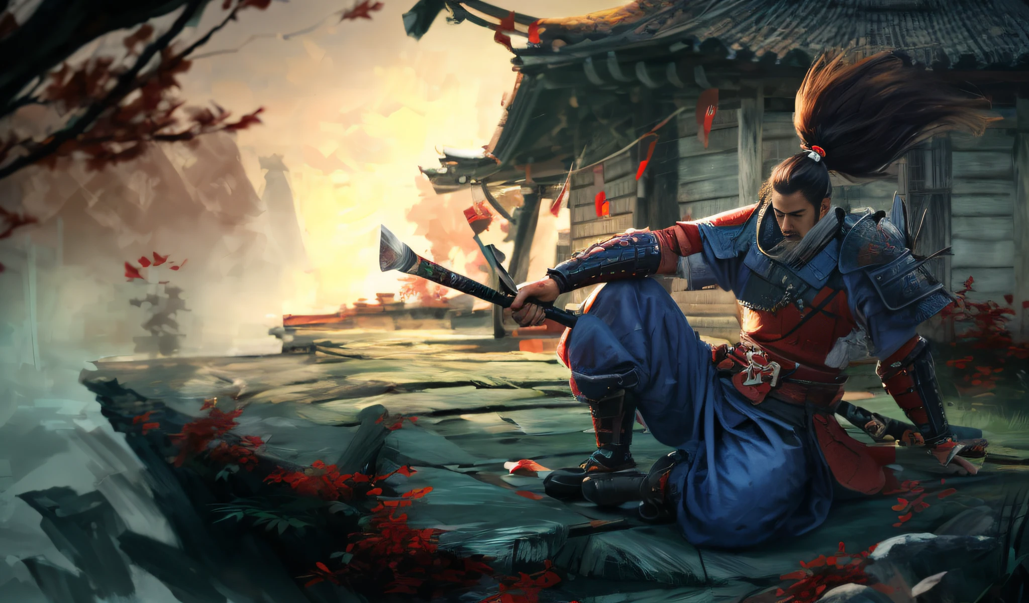 realistic paint of a samurai de cabelo grande amarrado sentado olhando pra baixo com os olhos fechados. ((Wallpaper 4k))