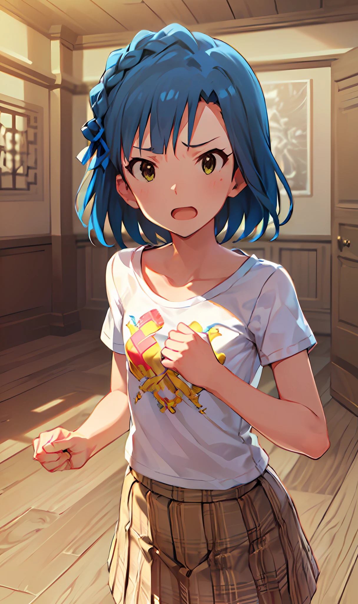 yuriko nanao (million live). Short stature. (((white t-shirts))).(((Skirt))).(((masterpiece))).(((best quality))).((Ultra-detailed))).(((illustratio))). (((fighting stance))).(((a room))).(((make a fist))).(((up chest))).Despair face.(((short-hair))).((Medium chest)).((Opening Mouth)).