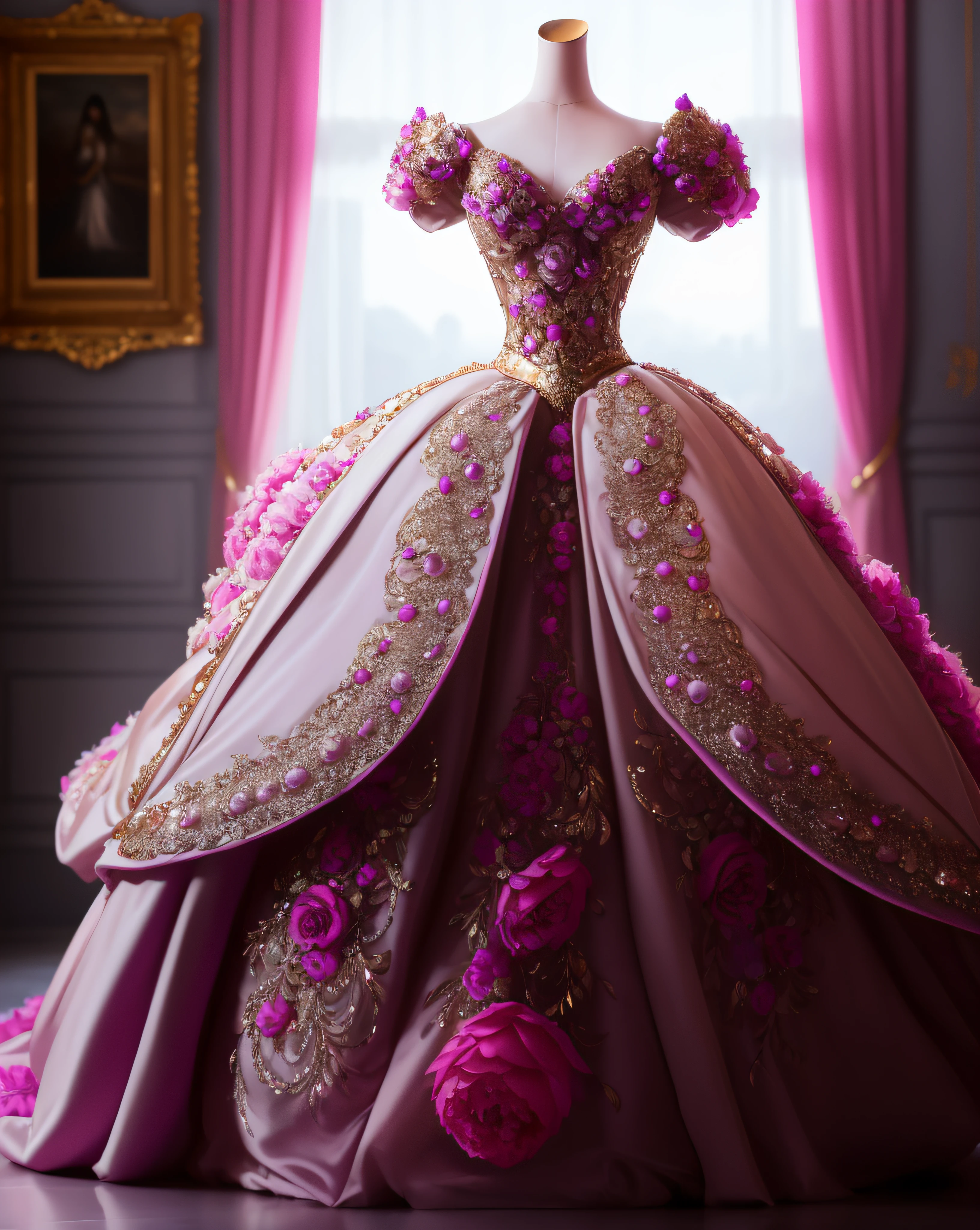 a hyper realistic photograph of a girl standing wearing a majestic light beige and gold ball gown dress, big beautiful dress, intricate puffy ball gown with lots of ruffles and rhinestones (Best quality, masterpiece, ArtStation, Fantasy Art:1.2), a palace room, a beautiful cute girl, (long white hair:1.1), (intricate short gold skirt, bare legs:1.2, full body shot)