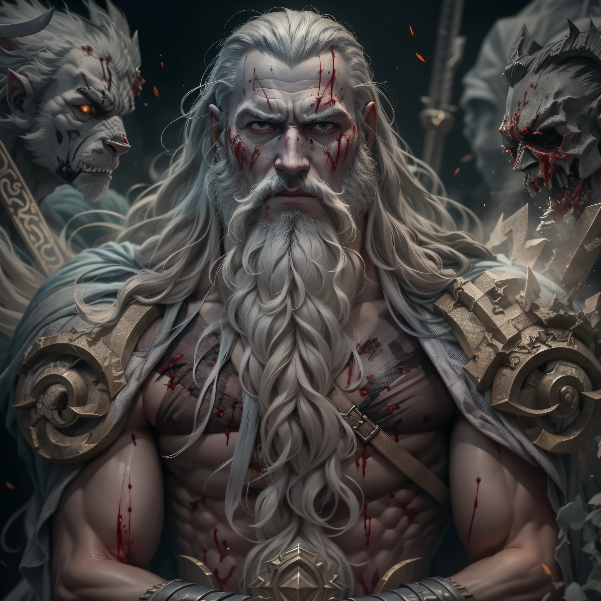 (Highly detailed: 1.2), (Best quality Canon Eos R6: 1.2), (8k: 1.0), (Dynamic Stance: 1.2), masterpiece, best quality, god Odin Norse mythology, mythological wearing, age 75, very muscular, huge, gray hair, bald, scarred, warrior, barbarian, mythological dystopia, (lots of blood: 1.0), mythological dystopia Corpses, heads human, arms and blood.