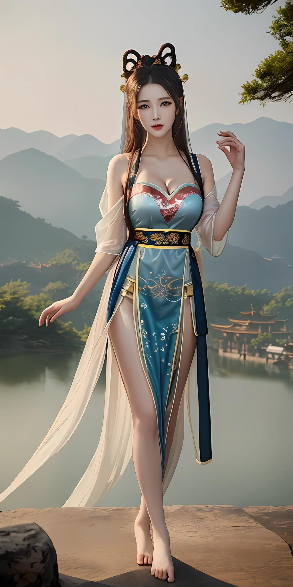 Naked,Beautuful Women,Raised sexy,Bigchest,cleavage,show legs,ssee-through,standing on your feet,Hanfu,Drenched,Pubic area is clear,photorealestic,highest details,Chinese mythology,loong pattern,fenghuang,divino,holy,mountain ranges