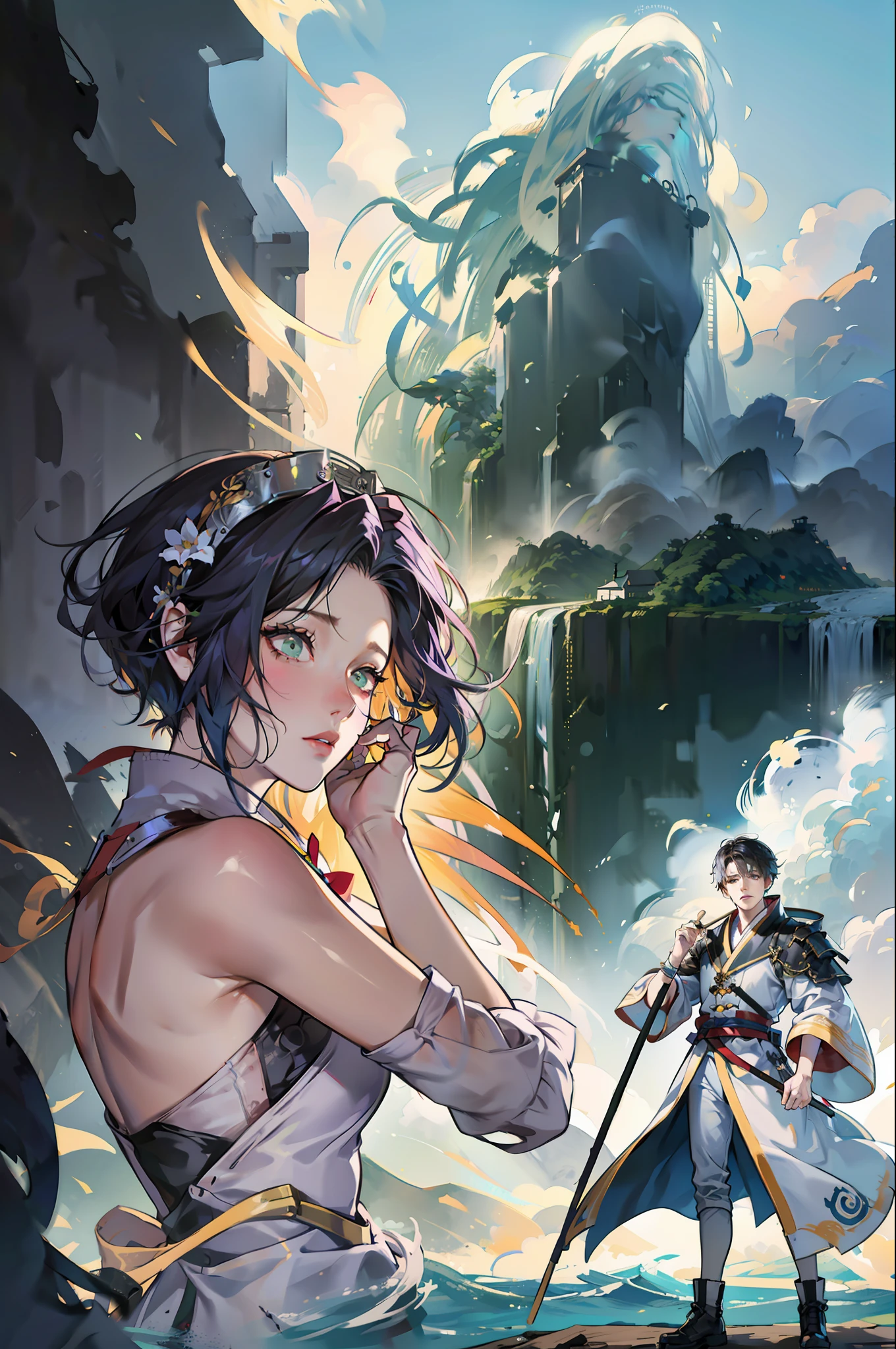 A man stands on a tsunami，Carrying bamboo sticks on his feet，Look at the city in the distance，ross tran（Ross Tran）A detailed painting，Take pixiv，Fantasyart，offcial art，artstation hd，Anime aesthetics are featured，Exquisitely，16K  - want more？join our official channel for unlimited creation --auto --s2