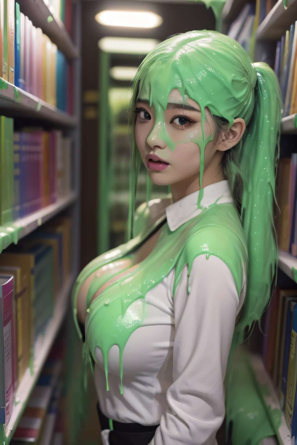 8k, HD, masterpiece, hyper realistic, photo realism, hyper detailed, extreme texture, (21-year Korean women: 1.2), white school uniform, cleavage, inside library, thick eyeliner, long eyelashes, double eyelids, pigtails,  sexy, alluring, sultry, (thick slime dripping down head: 1.4), (thick slime dripping down body: 1.3), (thick slime splattered everywhere: 1.2)